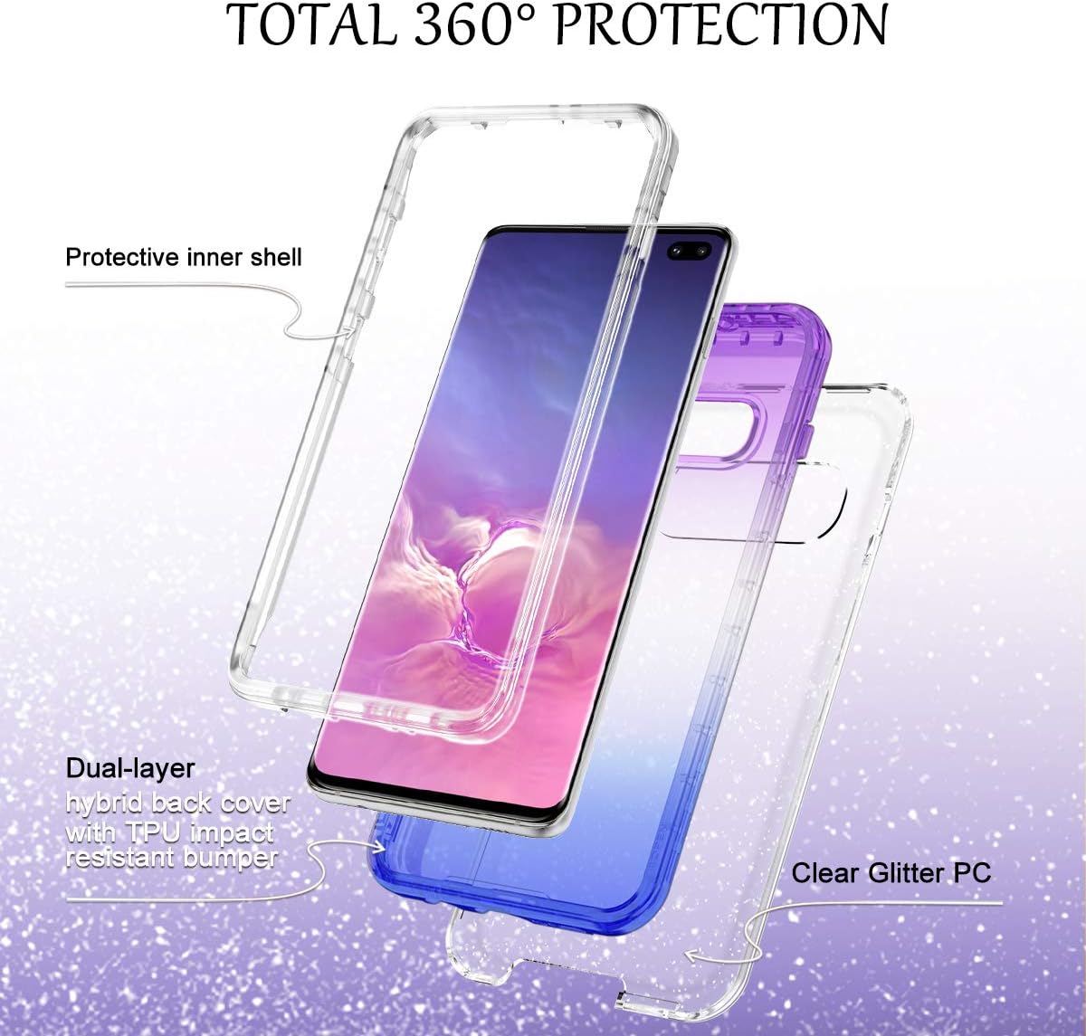 LONTECT for Galaxy S10 Plus Case Glitter Gradient Clear Sparkle Bling Heavy Duty Shockproof Hybrid Hard PC+Soft TPU Dual Layer Protective Case Cover for Samsung Galaxy S10 Plus, Purple Blue