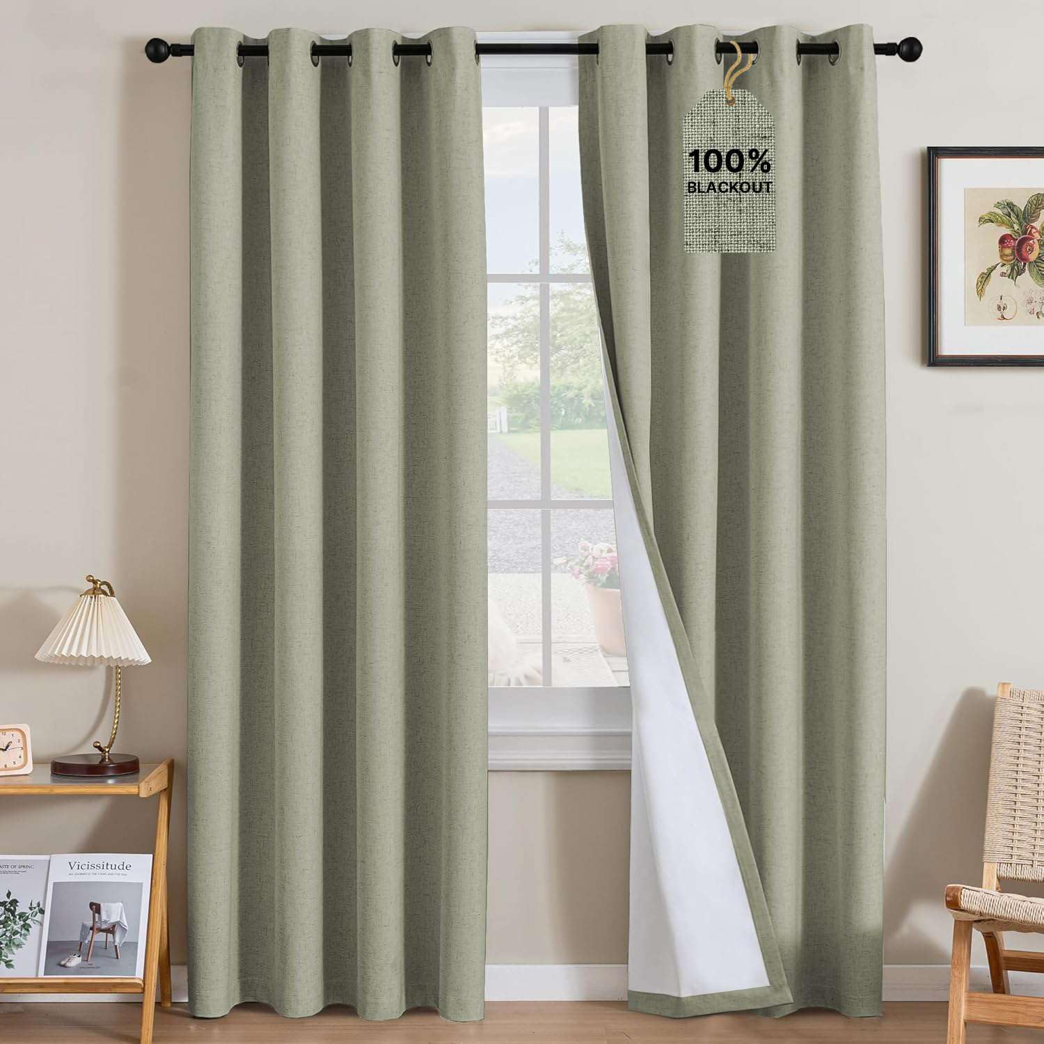 H.VERSAILTEX Linen Curtains 100% Blackout Curtains for Bedroom 102 inch Long Full Light Blocking Nature Linen Blended Window Curtains for Living Room Nickel Grommet (2 Panels, Heathered Tea)