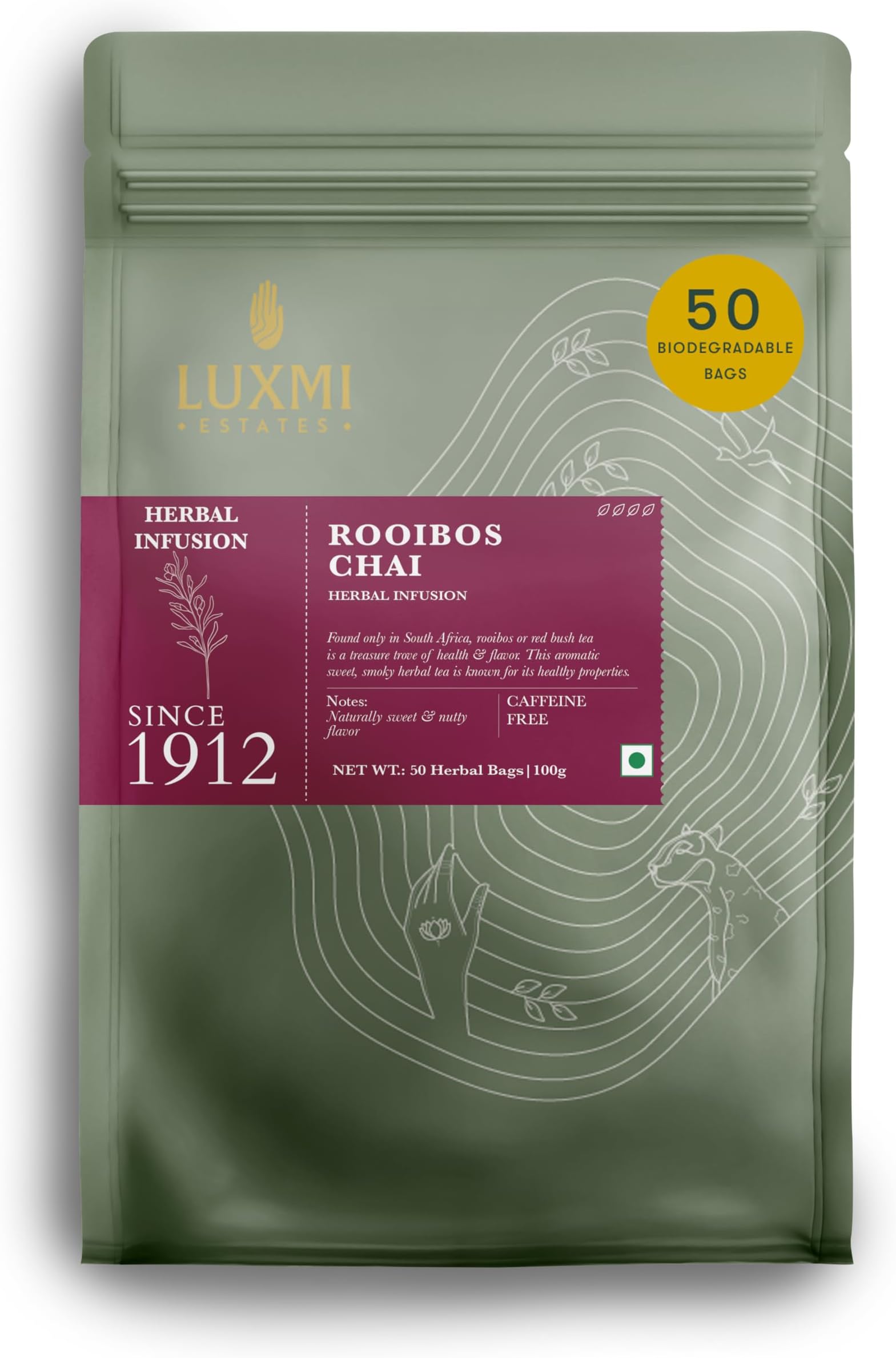 Luxmi Estates Rooibos Chai – 100% Natural Herbal Infusion | 50 Plant-Based Pyramid Bags (100g) | Caffeine-Free | Antioxidant-Rich | Supports Digestion, Heart & Skin Health