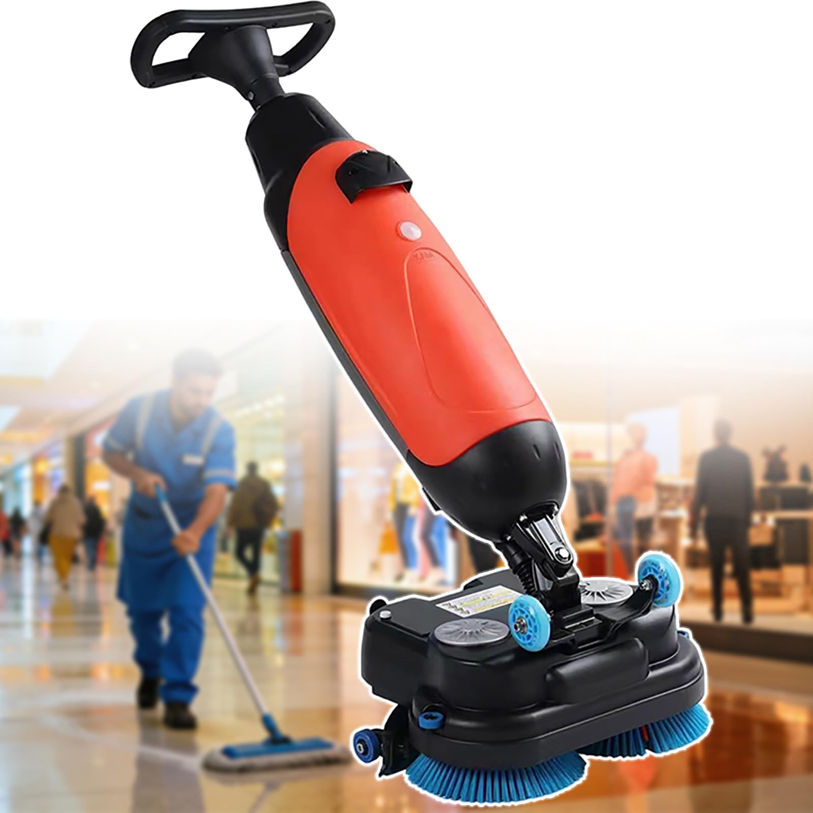 QJJML 3-In-1 Cordless Floor Scrubber, 17" Commercial Walk-Behind Floor Buffer, Automatic Hard Floor Cleaner, 13000 Sq Ft/H Productivity, Floor Buffer Scrubber Machine For Supermarkets Malls Gyms Red