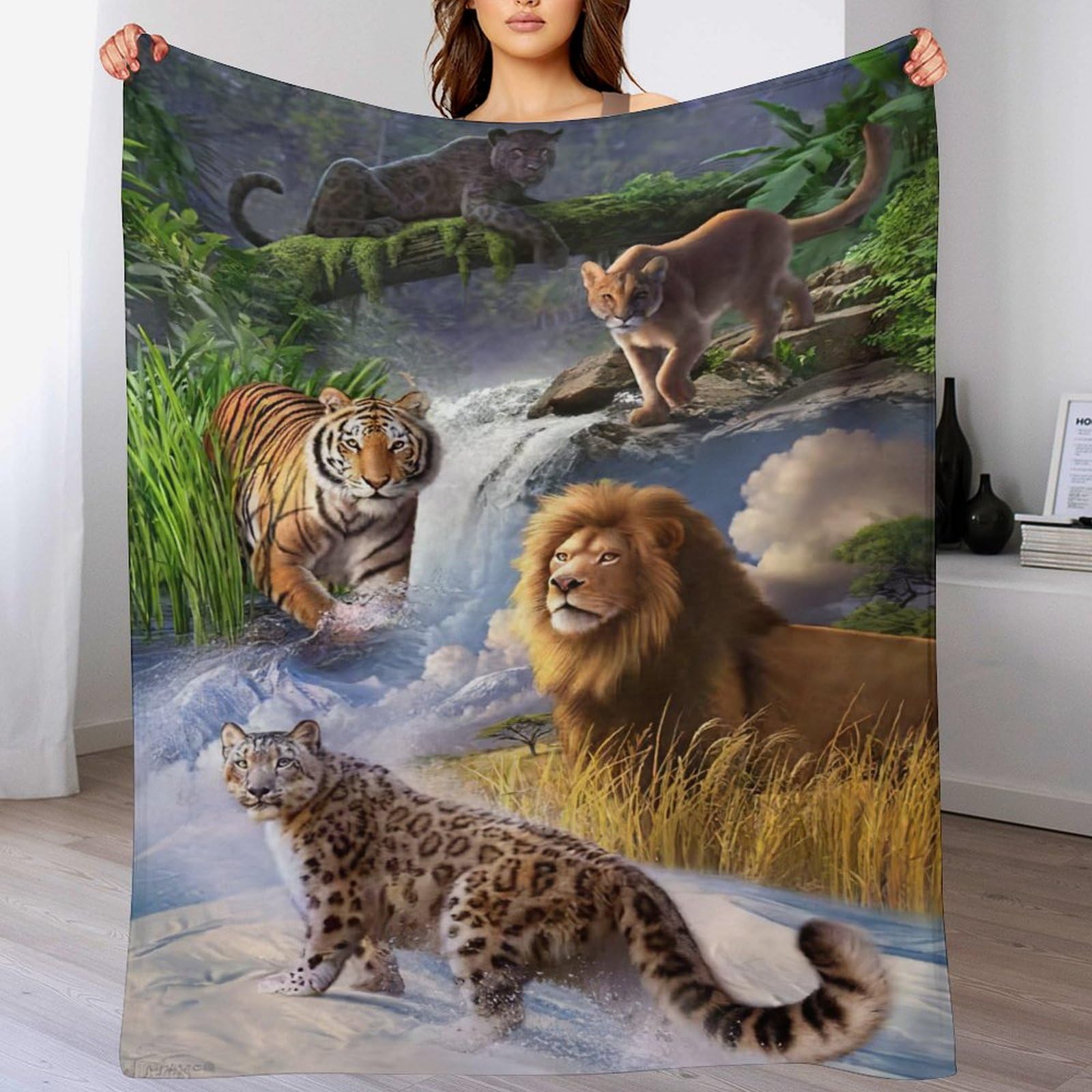 Couverture plaid lion tigre flannel pour camping, jardin et canapé
