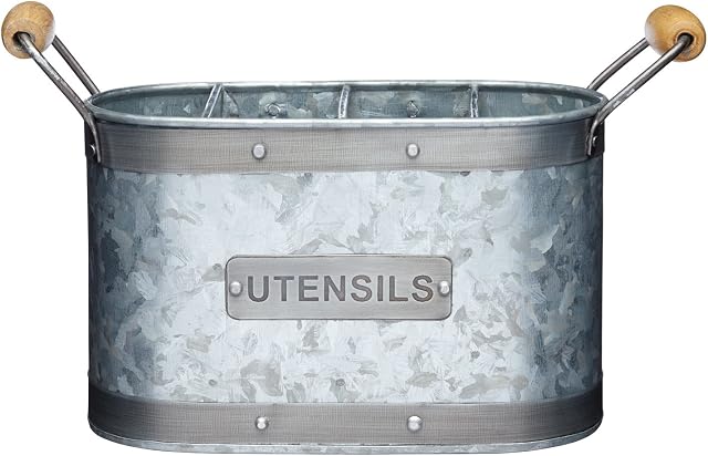 KitchenCraft INDUTENHLD Industrial Kitchen Galvanised Steel Utensil Holder, 27.5 x 11 x 17 cm (11" x 4.5" x 6.5"), Grey/Brown