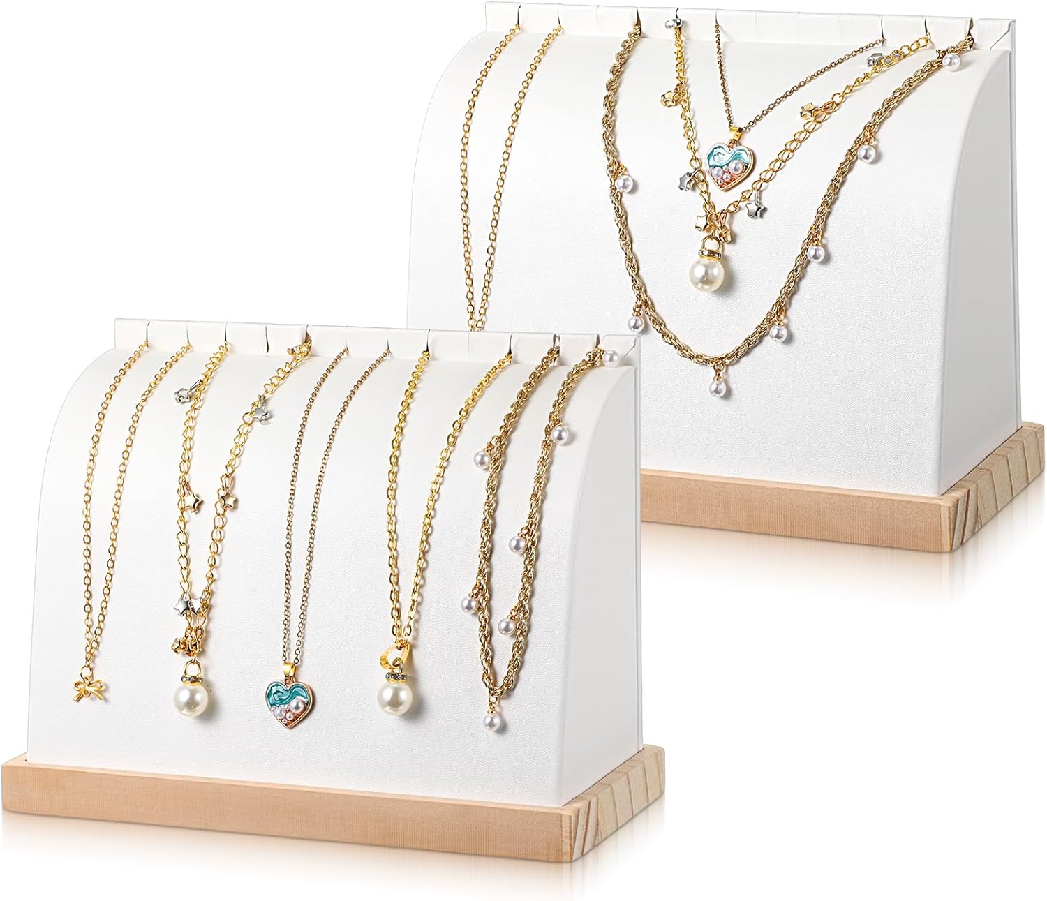 2 Pcs Cambered Wooden Necklace Display Stand with Soft PU Leather Mat, Necklace Bracelet Pendant Chokers Chains Organizer Holder, White Tabletop Jewelry Display Storage Holder for Selling Exhibition