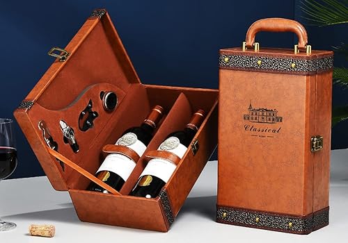 Miniatura 3 de Caja de regalo de vino de 2 botellas con 4 accesorios, bolsa portátil para vino para ocasiones especiales, caja de almacenamiento de cuero vintage