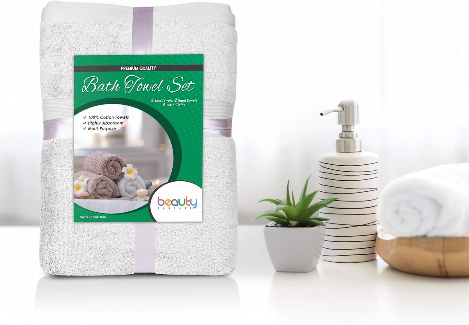 Beauty Threadz - 8 Piece Towel Set 2 Bath Towels, 2 Hand Towels, & 4 Washcloths 100% Ring Spun Cotton Towel Highly Absorbent, Ultra Soft & Fluffy Pack of 8 Bathroom Towel Set 500 GSM (White)