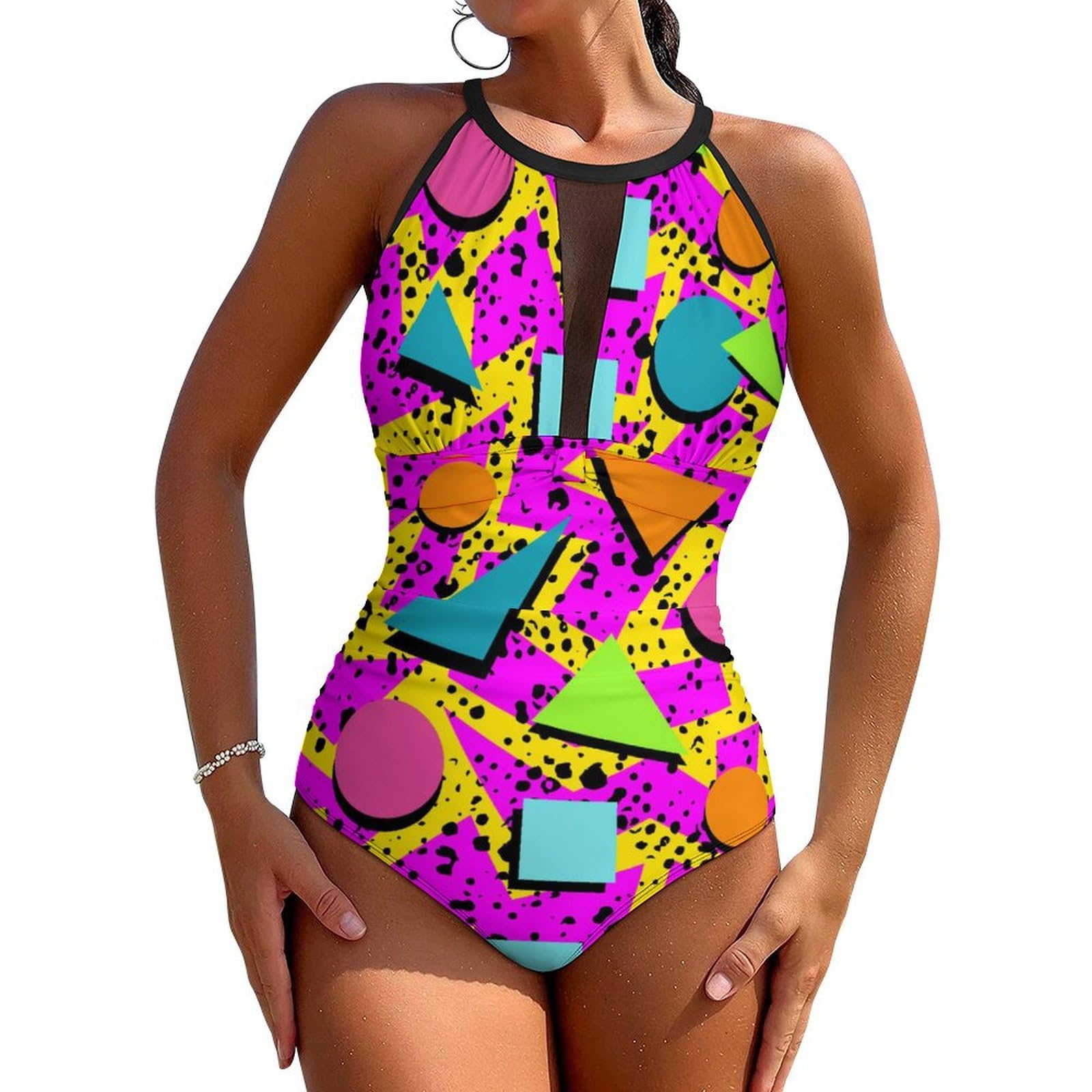 Trajes de baño con Control de Abdomen para Mujer, Adelgazante, Traje de baño de una Pieza Retro Halter Push up, Rojo 80s 90s, XXL