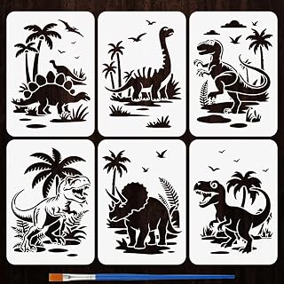 FINGERINSPIRE 6 Styles Dinosaur Pattern Stencils with a Brush 11.7x8.3inch Prehistoric Animal Painting Stencils Tyrannosaurus Rex Stencil Animal Themes PET Template for Wood Floor Tile Wall Fabric