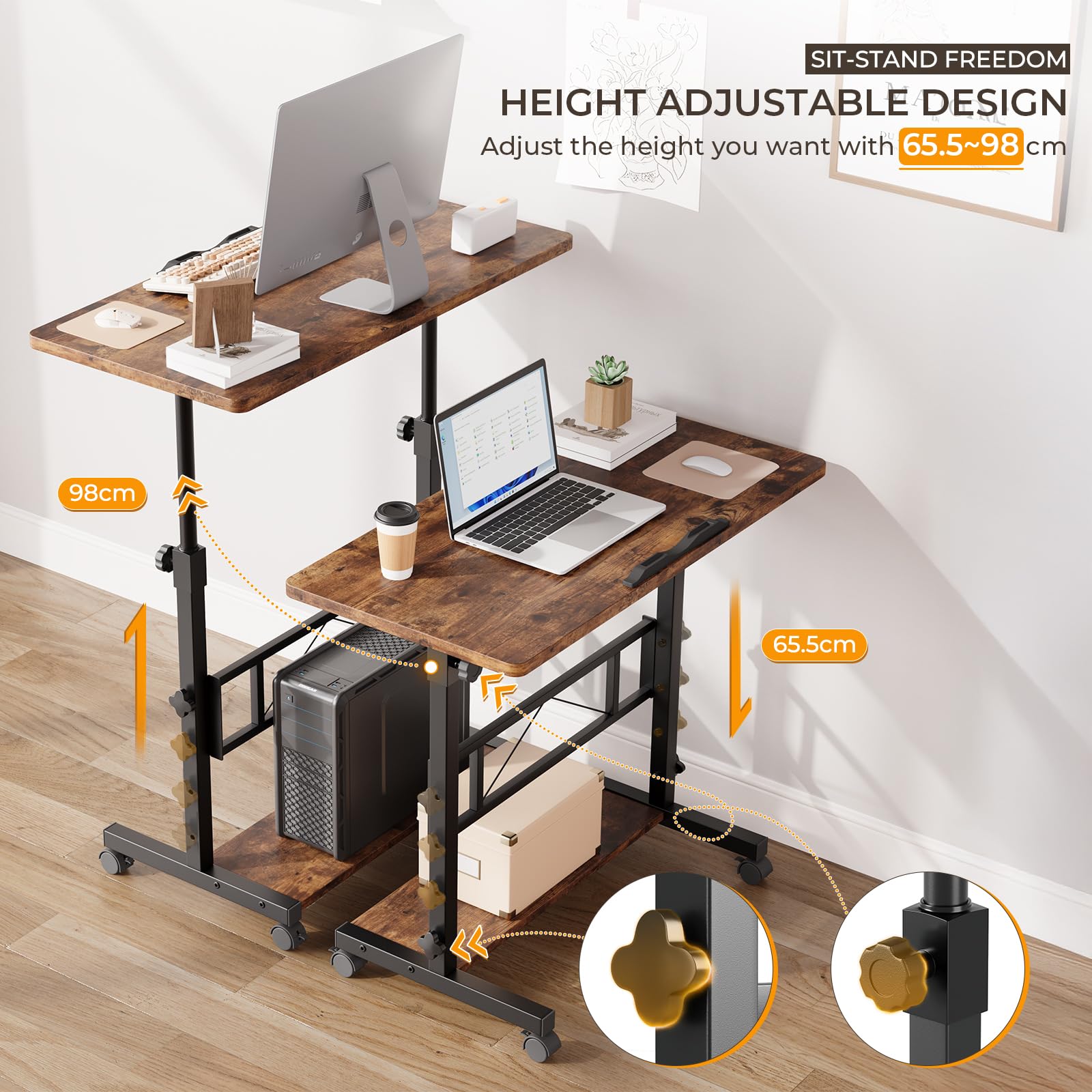 Dripex 80x40cm Stehpult, Schreibtisch höhenverstellbar 65-98cm, Mobiler Computertisch mit Rollen und mit neigbar Tischplatte, Überbett-Tisch, Steh-Sitztisch für Zuhause und Büro, Vintage Braun