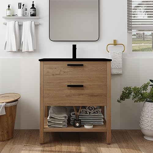 SSLine Tocador de baño independiente con fregadero, moderno tocador de baño de 30 pulgadas con lavabo superior y cajones de almacenamiento, tocador