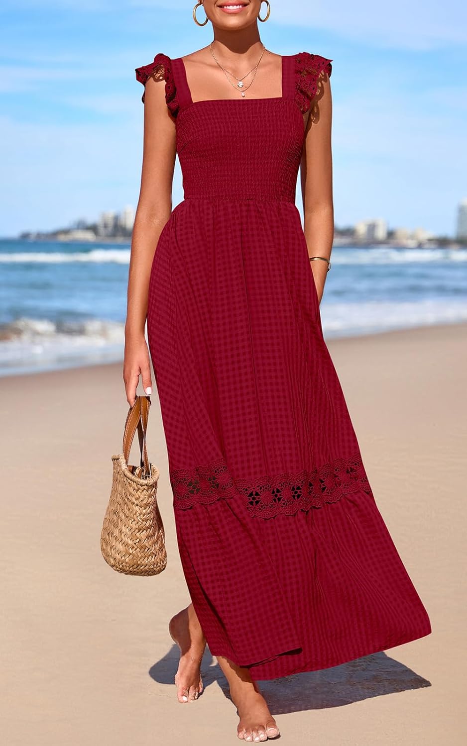 PRETTYGARDEN Women's Smocked Summer Maxi Dresses 2026 Ruffle Cap Sleeve Square Neck Lace Detail Flowy Sundress with Pockets - Image 3