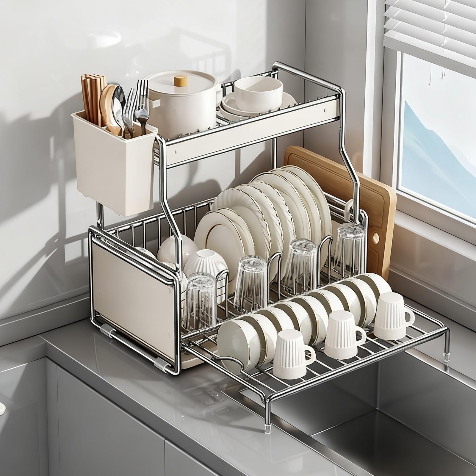 Escurridor de platos extensible, escurridor de platos grande para encimera de cocina, organizador de fregadero con almacenamiento dividido