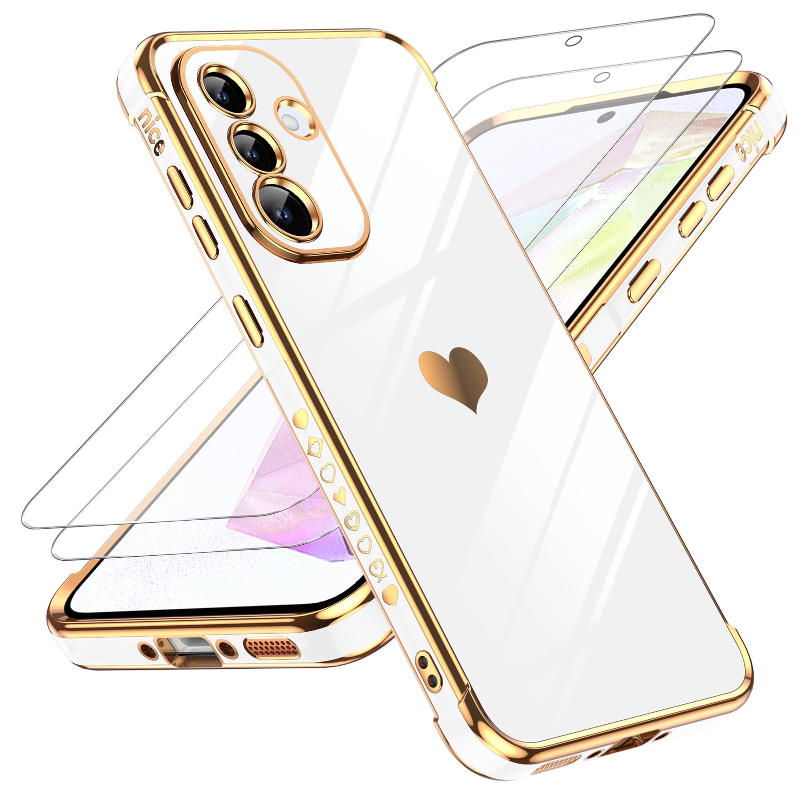 LeYi for A36 5G Case: with Tempered Glass Screen Protector [2 Pcs]+ Full Camera Lens Protection,Love Heart Plating Women Cute Luxury Shockproof Case