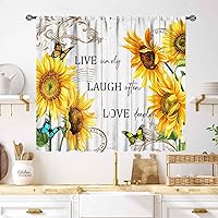 Vista 30 de Cortinas rústicas de cocina de girasol, tablón de madera de campo de campo amarillo, floral, abeja, libélula mariposa, retro, casa rural, Girasol-11