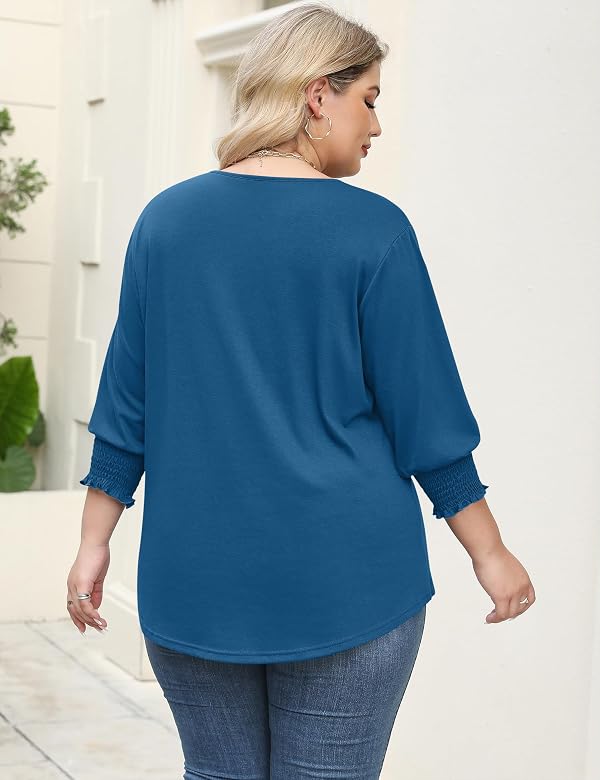 Rapbin Plus Size 3/4 Sleeve Tops for Women V Neck Cotton Tunic Shirts Loose Fit Solid Basic Blouse Fall Fashion (Blue XL) by Rapbin - Used condition - Image 7