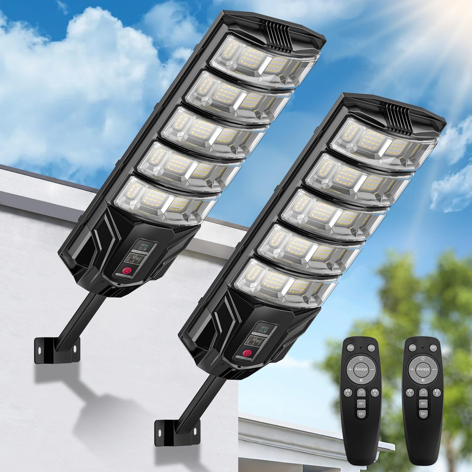 2 Pack Solar Lights Outdoor, IP65 Waterproof Solar Street Motion Sensor Lights with Remote Control, 8000K Dusk to Dawn LED Security Flood Outdoor Light Wide Angle Range for Yard, Garage, Porch, Farm