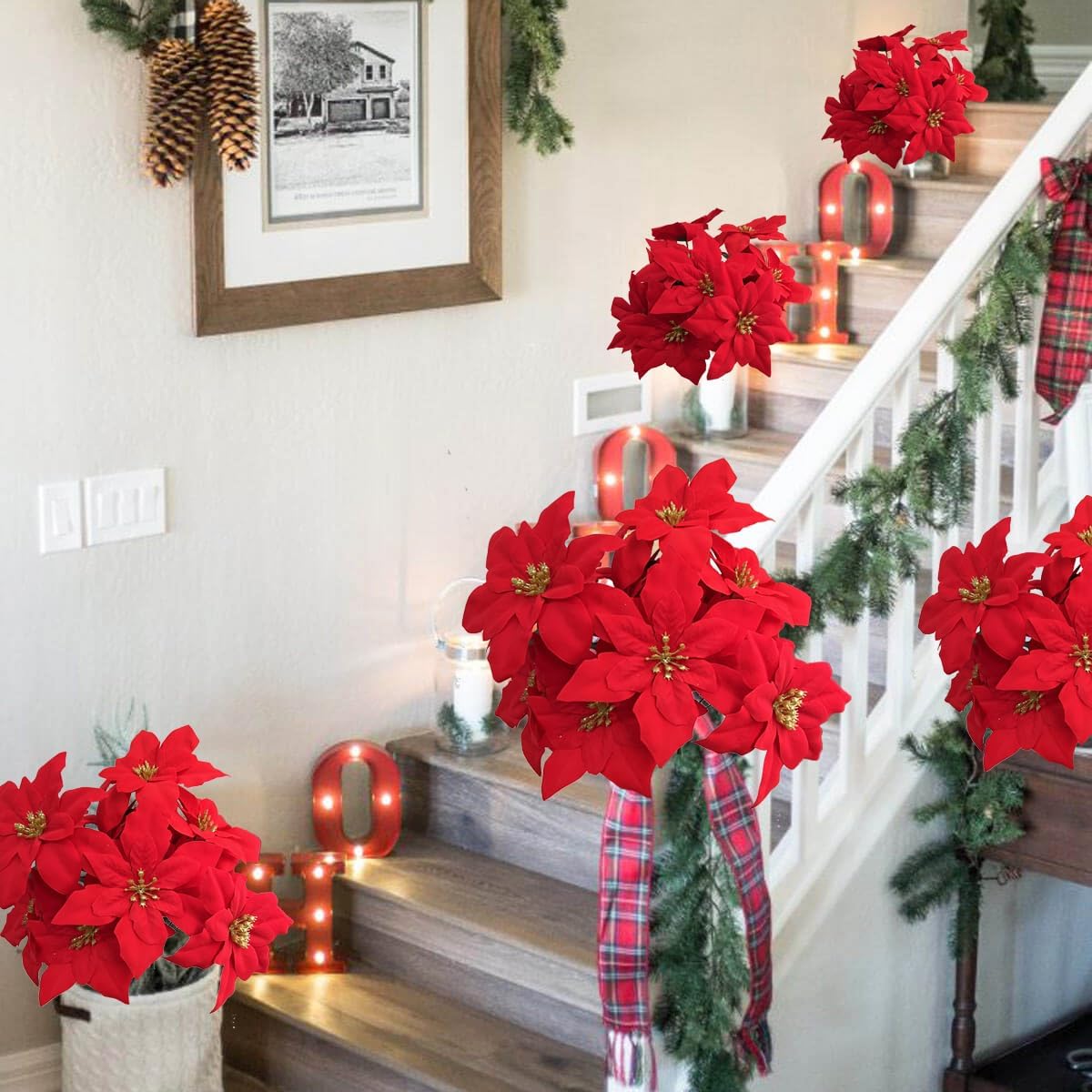 8 Pack 7 Heads Christmas Artificial Poinsettia Flowers Faux Bush Bouquets Silk Poinsettia Christmas Tree Ornaments Poinsettia Flower Arrangement for Xmas Holiday Decor(Golden Red) - Image 5