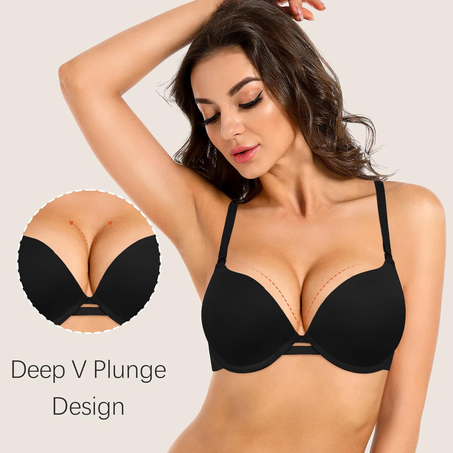 Women's Push Up Bra Add 2 Cup Sizes Super Deep V Plunge Padded Bra Comfort Support Underwire Back Smoothing Bras - Image 2
