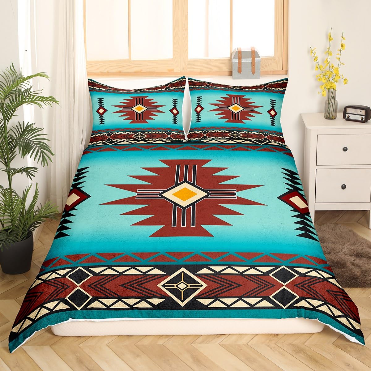 Southwest Duvet Cover Set Full Size,Geometric Aztec Tribal Striped Print Bedding Set Rustic Western Comforter Cover for Kids Girls Boys Men Room Decor,Adult Retro Turquoise Red Quilt Cover 3Pcs