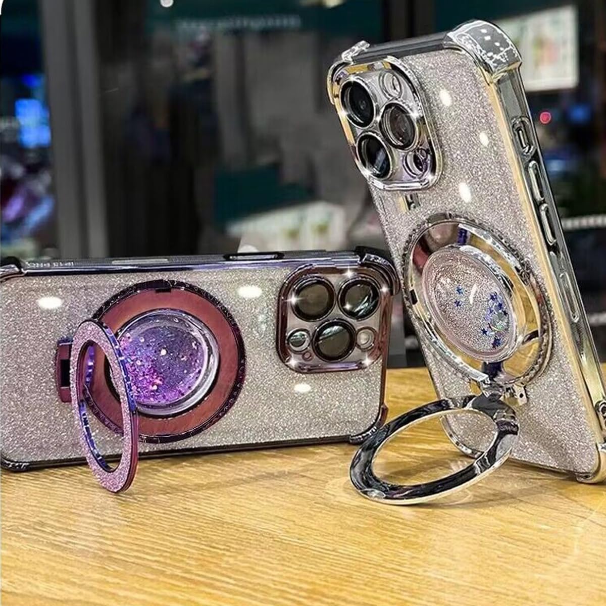 for iPhone 15 Plus Glitter Liquid Stand Case,Cute Luxury Bling Sparkle with Camera Lens Protector Flowing Ring Kickstand TPU Plating Bumper Shockproof Women Girls Case for iPhone 15 Plus,Pink - Image 3