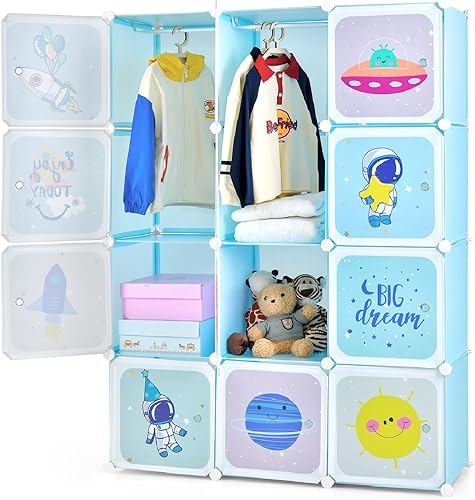 Miniatura 13 de INFANS Armario para niños, armario portátil para bebé, lindo para dormitorio de niños, armario de guardería con puertas, 12 cubos, 2 secciones para