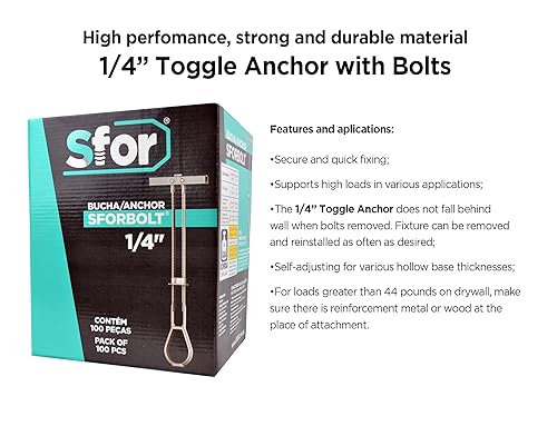 Miniatura 5 de SFOR - Paquete de 100 anclajes de palanca de 14 pulgadas con pernos - Anclajes para paneles de yeso, pernos de pared y pernos para paneles de yeso,