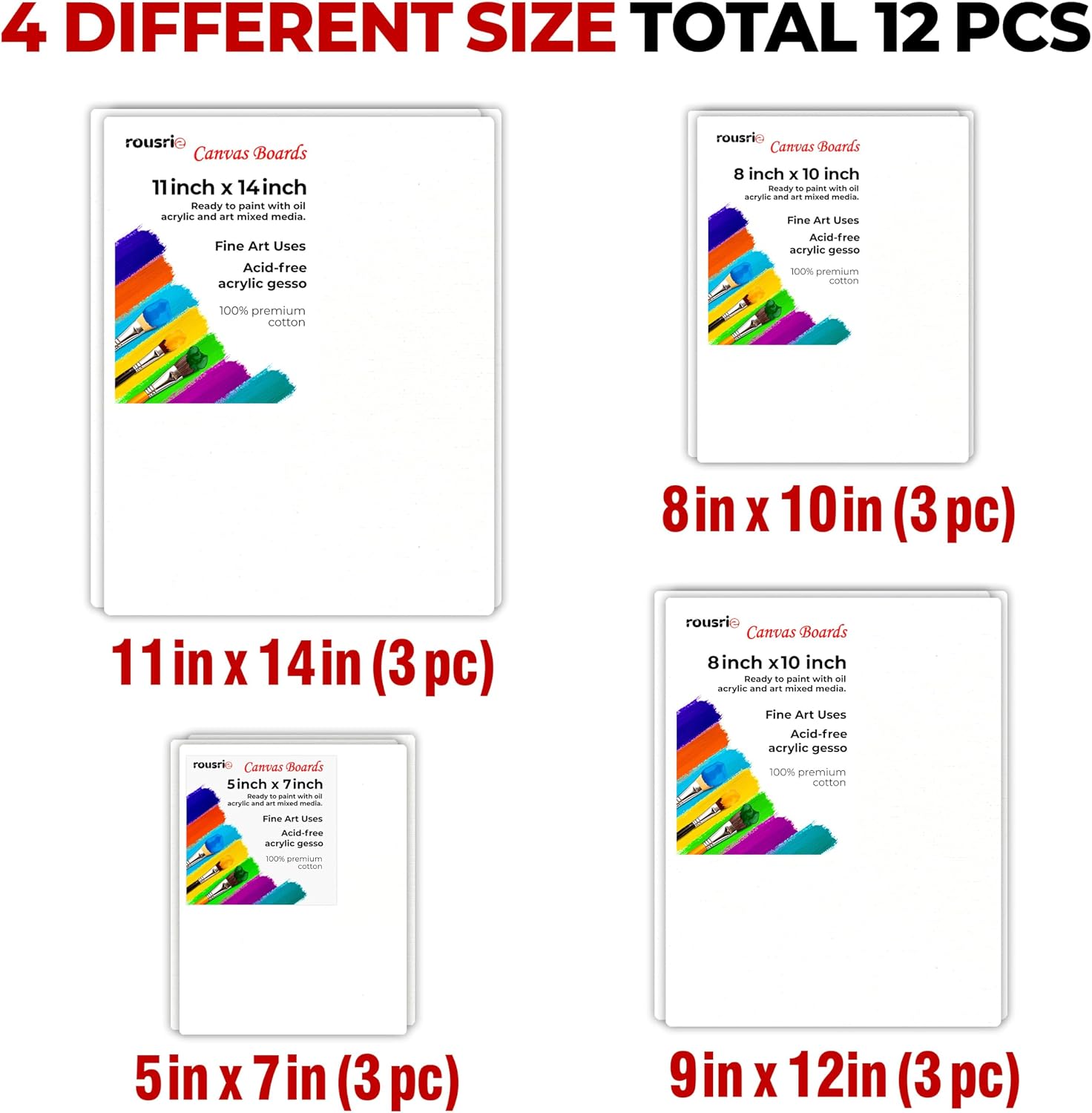 Rousrie Cotton Canvas Boards Medium Grain White Canvases for Oil, Acrylic, Tempera, Gouache, Watercolour Painting, 100% Cotton, Pre-Primed (12 Pack - 3 Each of 5x7, 8x10, 9x12, 11x14)
