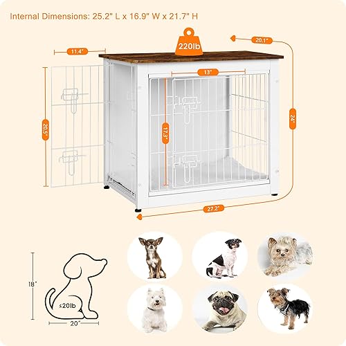 Miniatura 9 de DWANTON Mueble de jaula para perros con cojín, mesa de madera para perros, muebles de perro de doble puerta, perrera de interior, casa de perro,