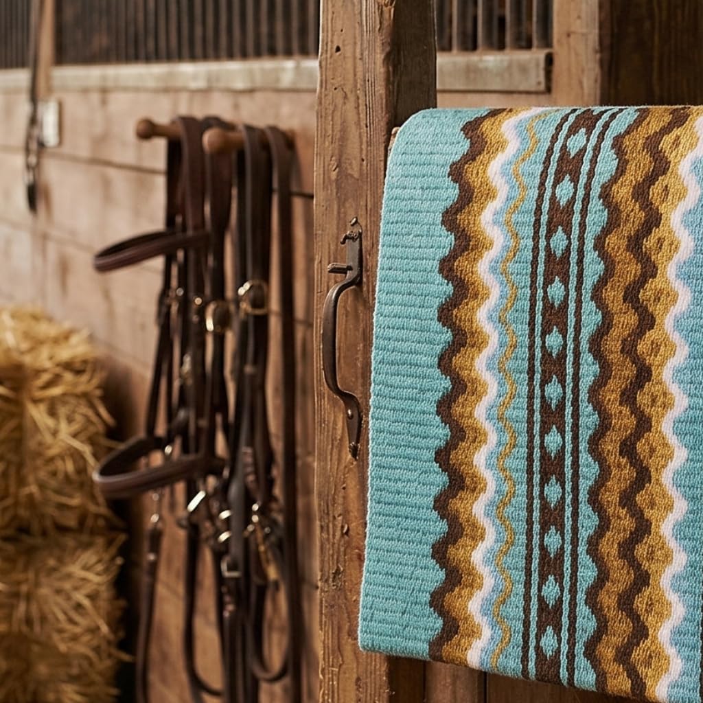 Western Show Saddle Pad/Blanket for Horses - Handmade Wool Saddle Blanket with New Zealand Design, Thick, Durable & Comfortable for Horse Riding (34” L x 42” W x 1) M16