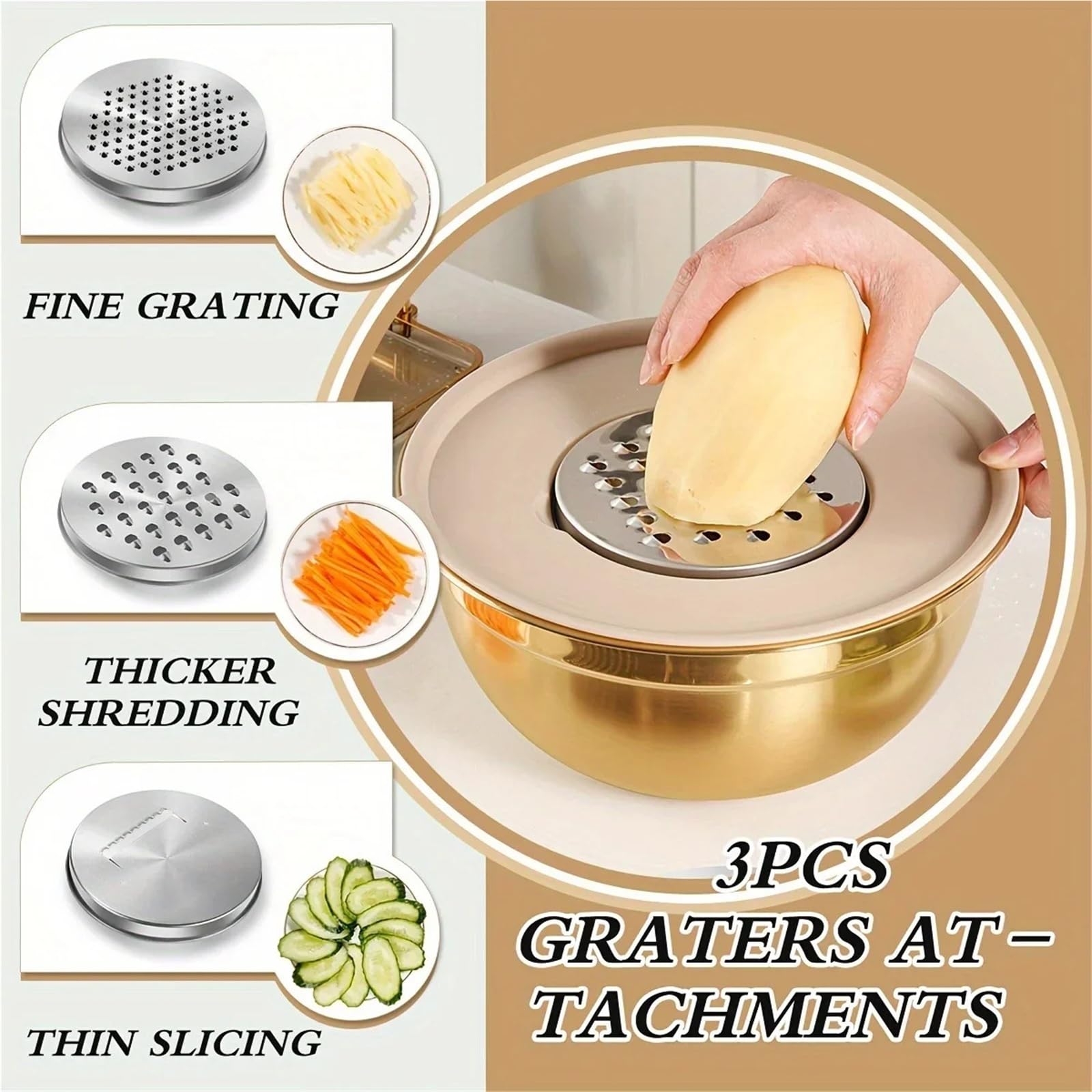 Tazón Para Mezclar Juego de tazones for mezclar acero inoxidable dorado | 10 piezas con sacapuntas de tapa for hornear ensalada de cocción