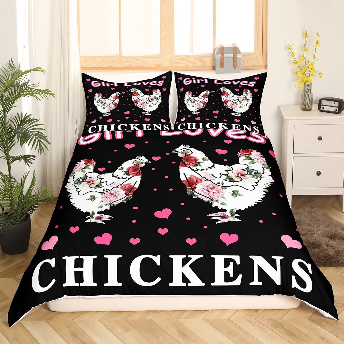 Parure de lit horse chickens avec housse de couette rose king size 3 pièces