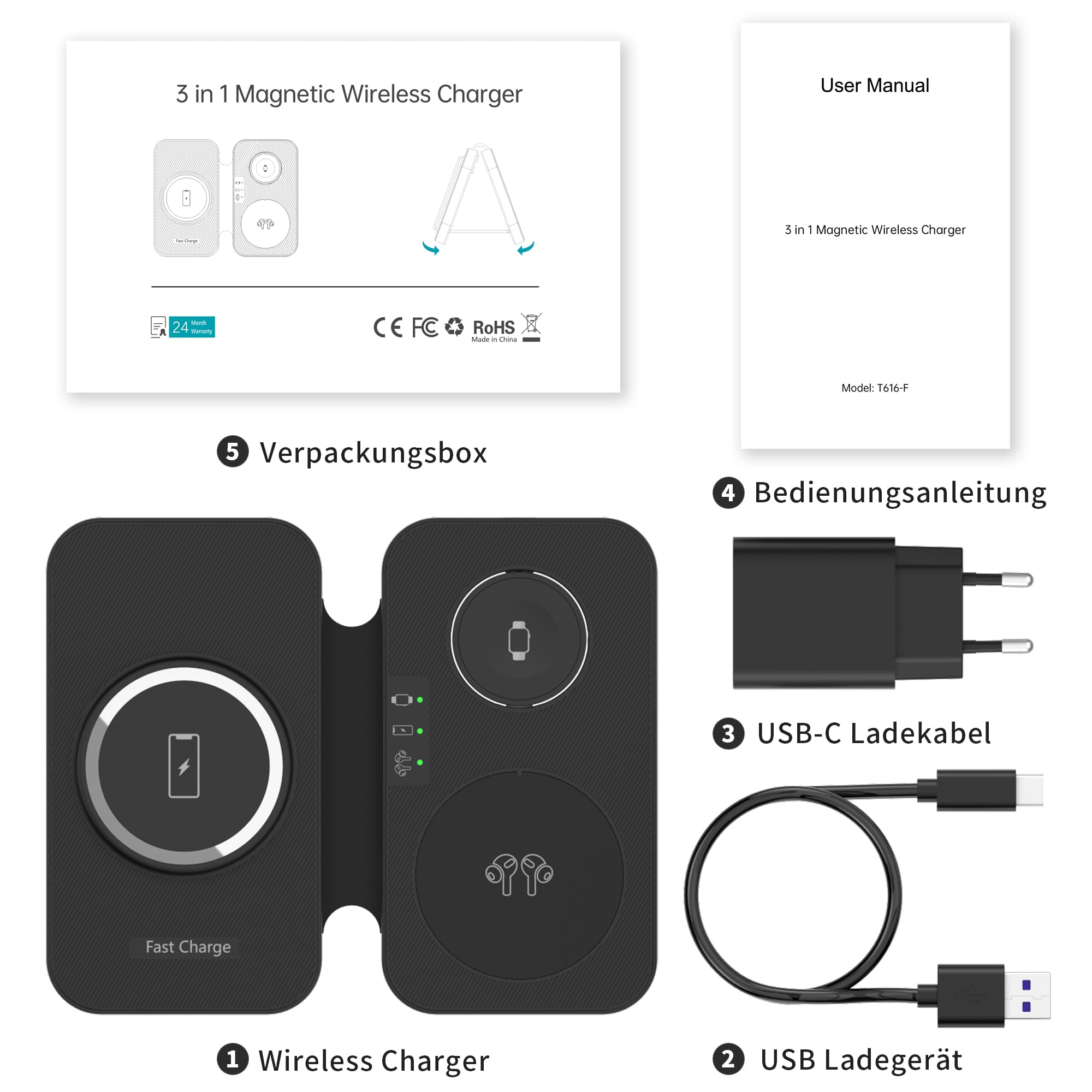 Mag-Safe bezprzewodowa ładowarka 3 w 1, 15 W, składana, indukcyjna stacja ładująca do iPhone 15/14/13/12, Apple Watch i Air Pods, bezprzewodowa ładowarka z ładowarką USB C