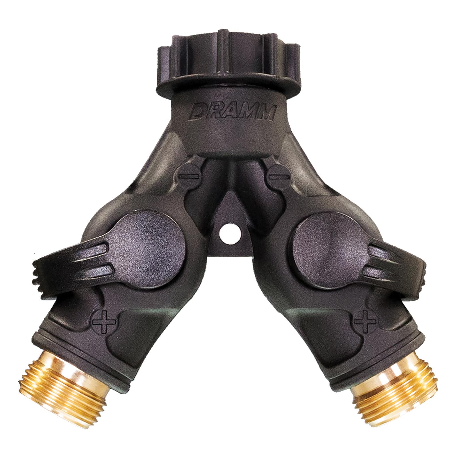 dramm high flow twin shut off valve with full water flow, two way connector, one touch thumb control turn off position, corrosion resistant seals