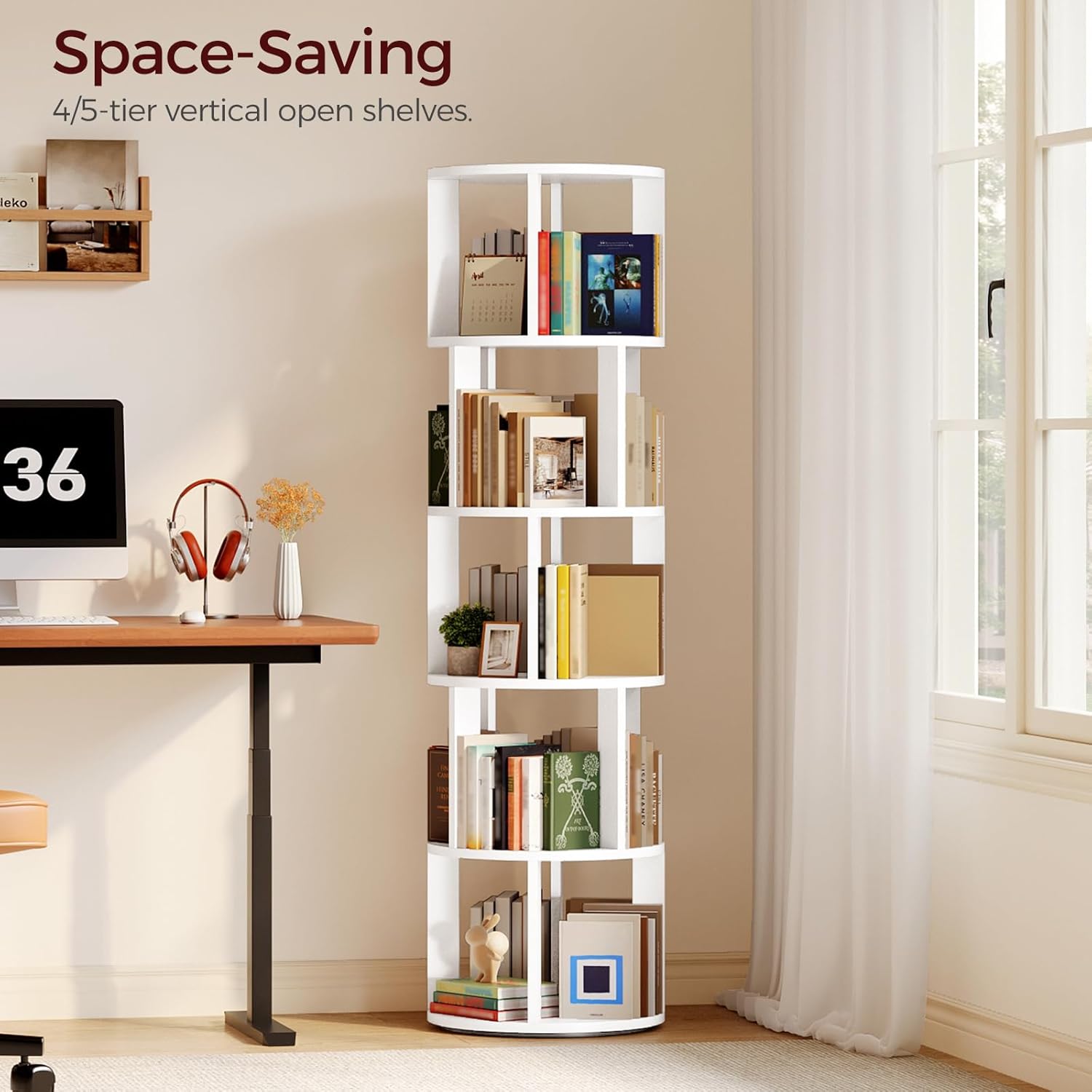 5-Tier Rotating Bookshelf, 360° Spinning Bookshelf Tower, Floor Standing Round Revolving Bookcase, Display Rack for Books, CDs, for Living Room, Study, Bedroom, White BKWT6501