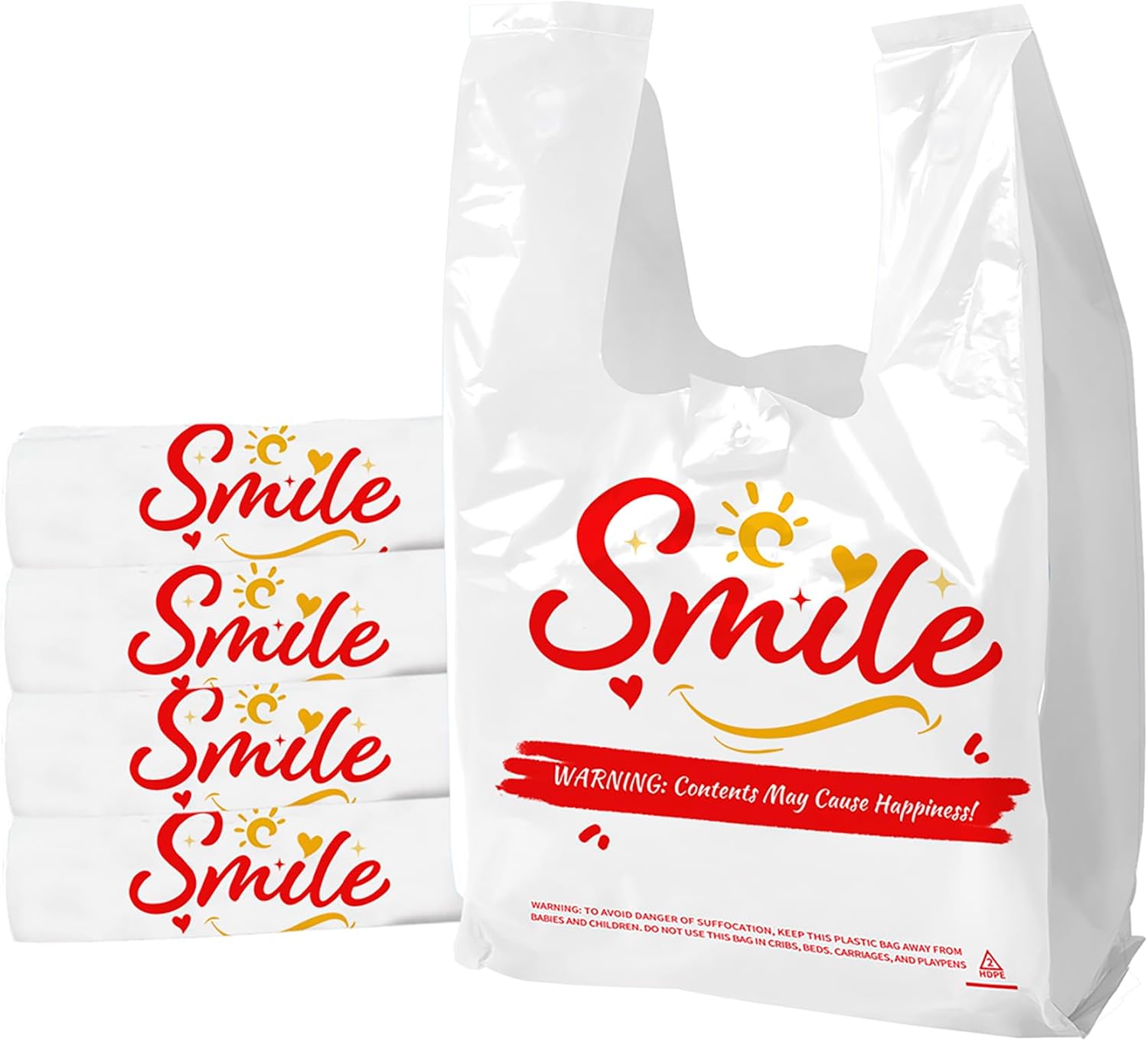 100 Pack White Smile Plastic Bag – 11.5″x6.5″x21″ T-Shirt Grocery Bags with Handles, Cheerful Alternative to Thank You Bags, Bulk for Retail, Supermarkets & Small Business