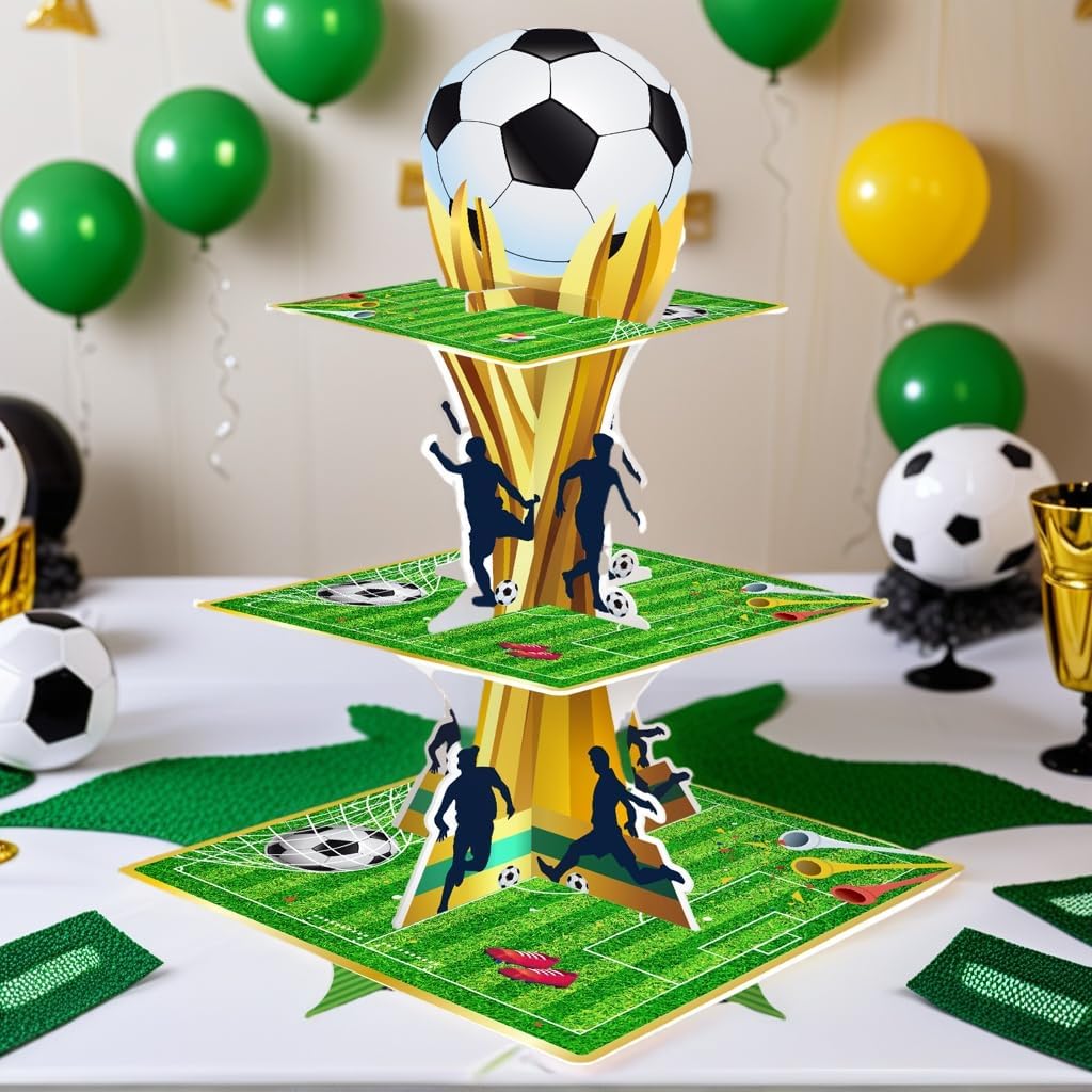 KALEFO Soccer 3-Tier Cupcake Stand for Sports Birthdays