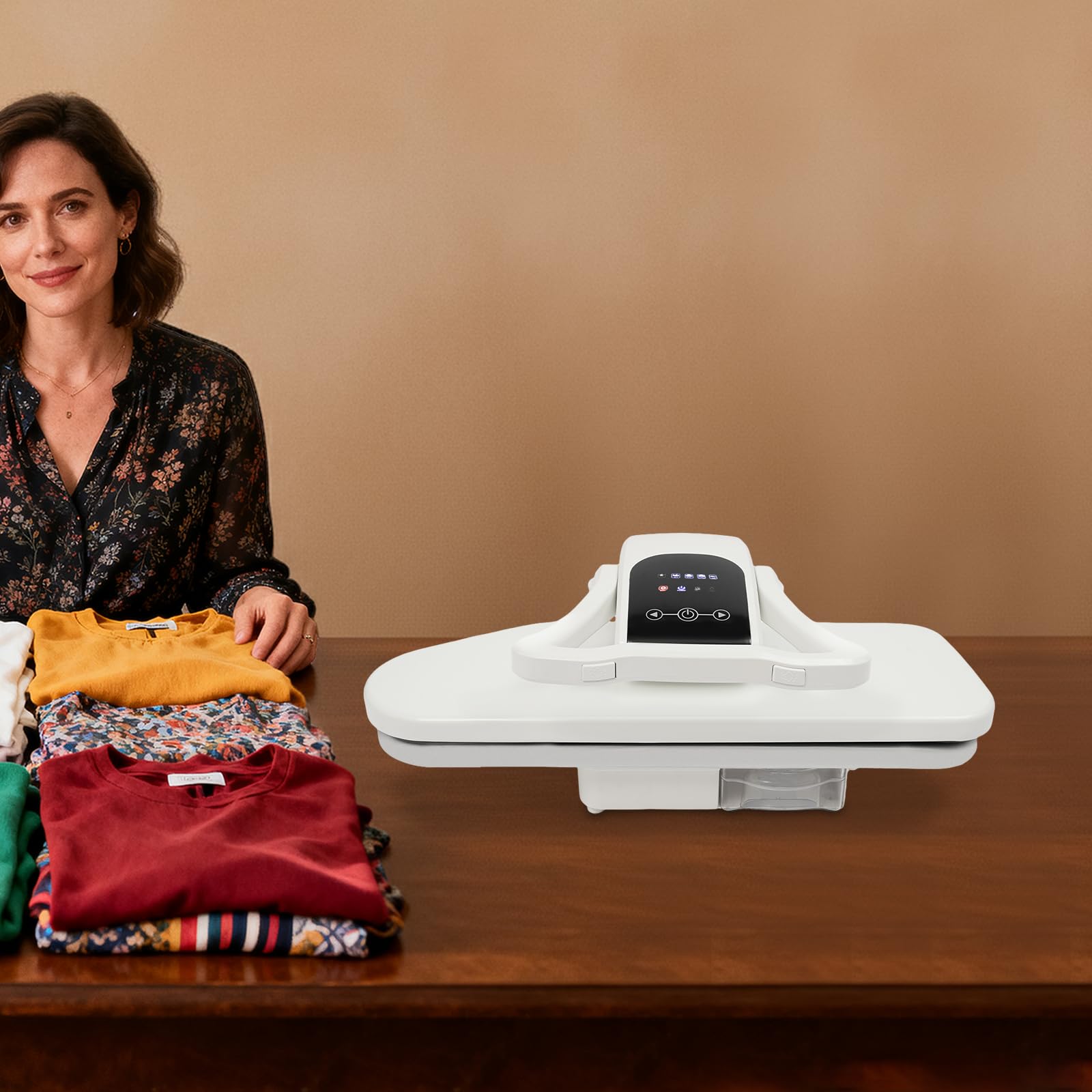 Pressa per ferro da stiro a vapore con supporto, 2200 W, funzionamento touch, 5 programmi tessili, filtro anticalcare e protezione contro il surriscaldamento, per abbigliamento, casa e negozi tessili