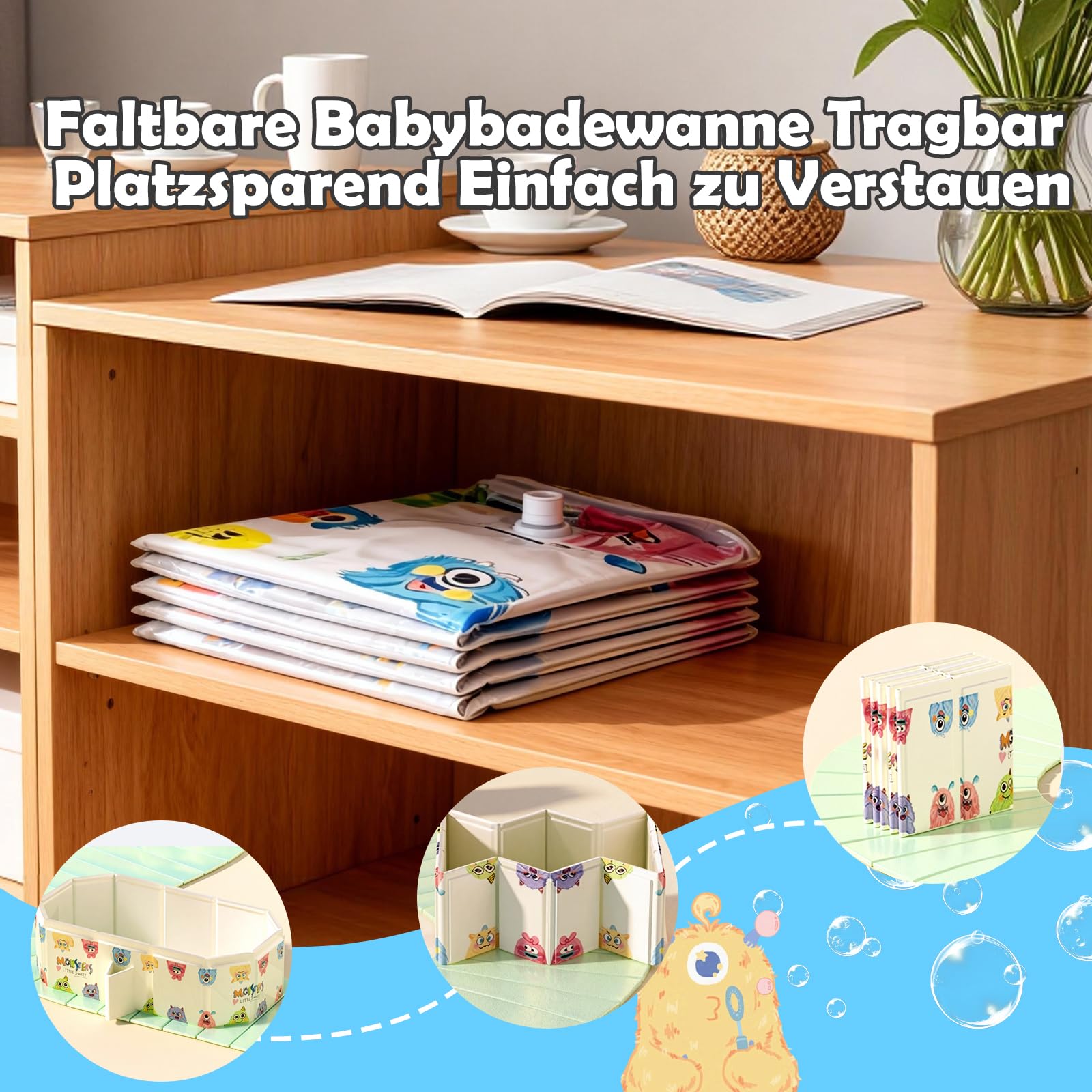 Baby Badewanne,Großraum Babywanne,Baby wanne im Monsterchen Motiv,Platzsparende Babybadewanne Faltbar,Tragbare badewanne kinder,Kinderbadewanne mit Ablassschraube für Kinder von 0-8 Jahre