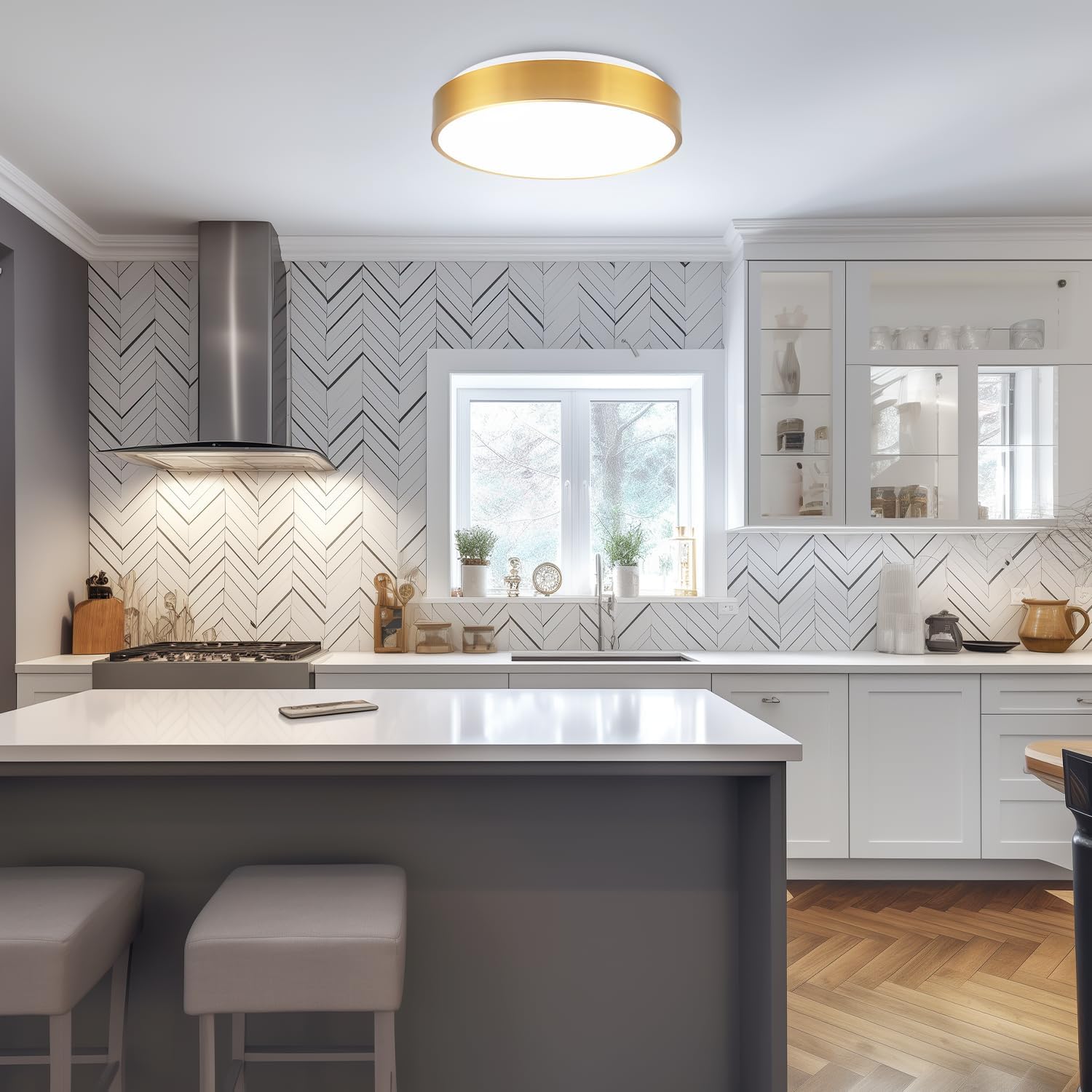 Gold Ceiling Light Flush Mount 15 inch, LED Light Fixtures Ceiling Mount 36W, Dimmable Close to Ceiling Light Overhead 5CCT for Living Room, Kitchen, Bedroom, Bathroom