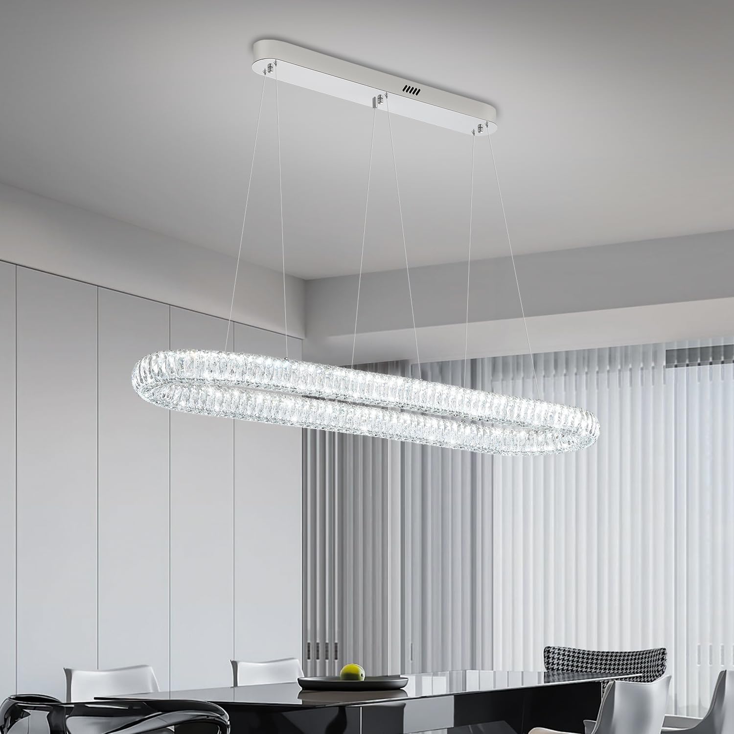 Crystal Ring Chandelier for Living Room, Modern Linear Oval Chandeliers for Dining Room 47.2'' Chrome Ring Pendant Light for Kitchen Island Dimmable 3000K-6000K