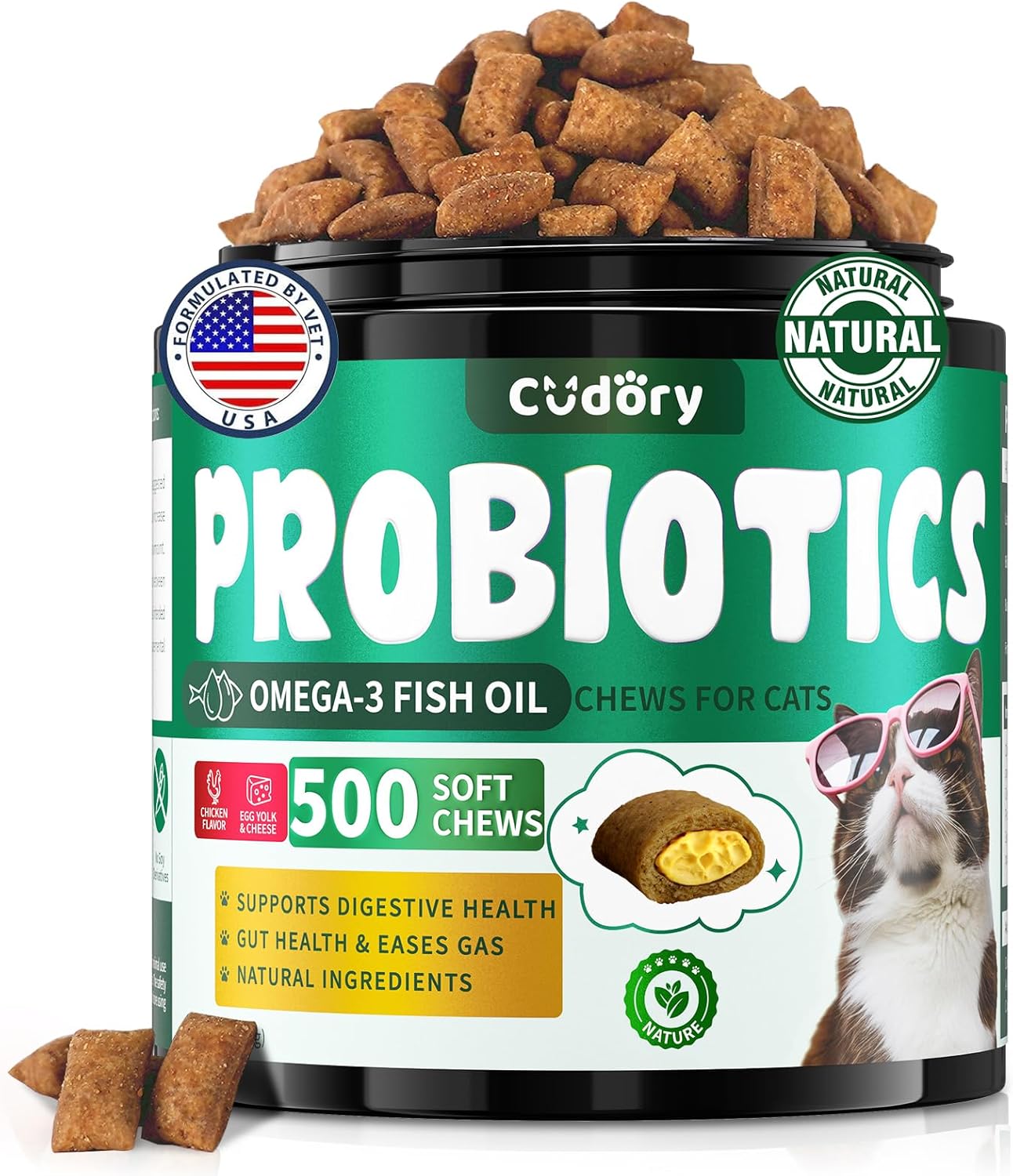 Cat Probiotics Treats for Digestive & Gut Support - 500 Crunchy & Creamy Cat Snacks - Cat Gut Health, Constipation Relief, Healthy Stool, Natural Supplement for Cats, Chicken Flavor (90-Day Supply)
