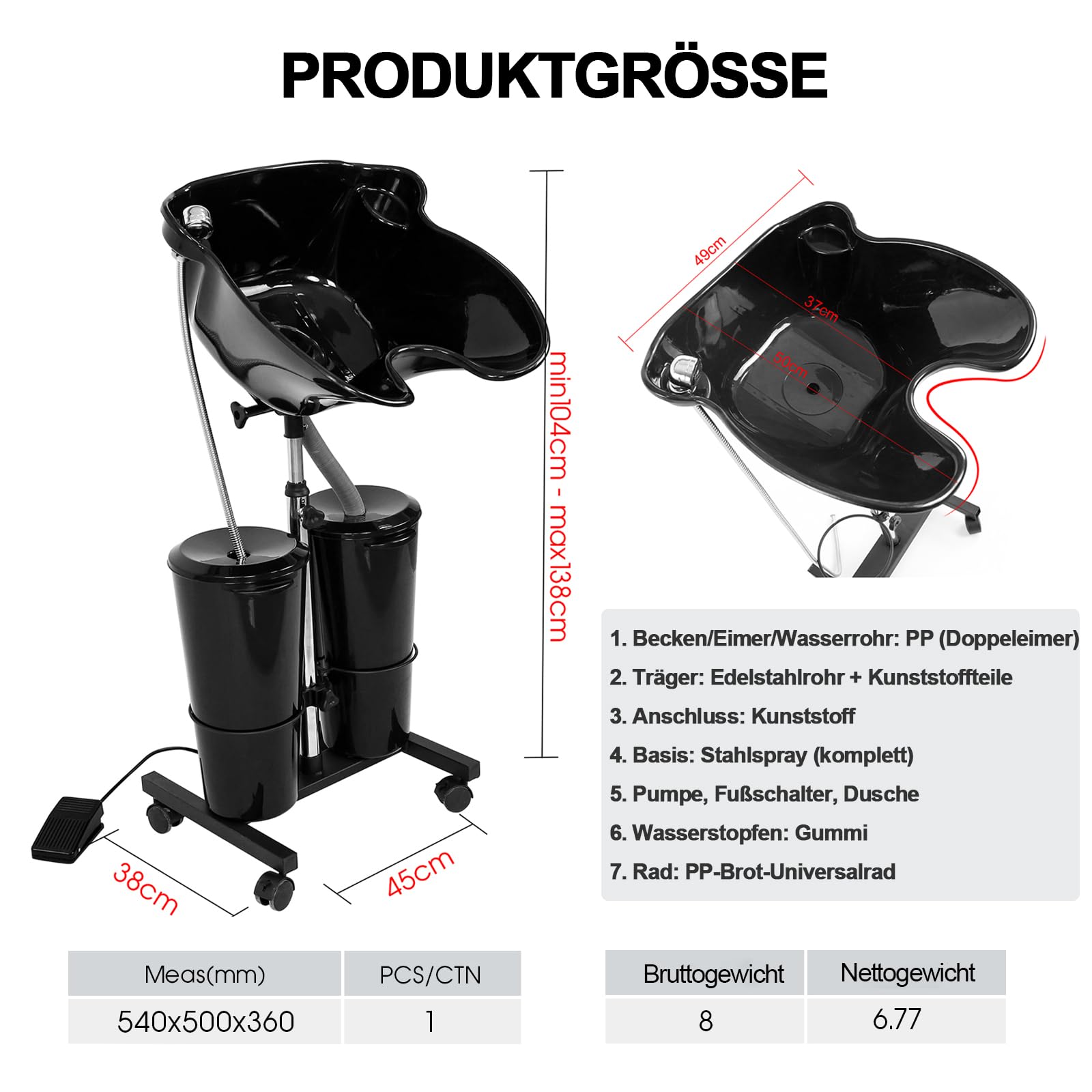 Mobiles Haarwaschbecken Friseur Waschbecken mit Brause, Höhenverstellbar Zuhause Rückwärtswasch Salonbecken für Friseursalon Altere Menschen mit 2 Eimern und Pumpe