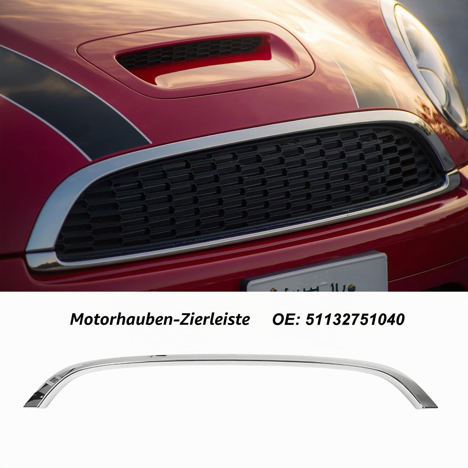 Frontzierleisten-Grill, Frontgrill-Haubenverkleidung 51132751040 Kompatibel mit R55 R56 R57 Basis LCI R58 R59 S JCW, Oben (Silbernes Chrom)