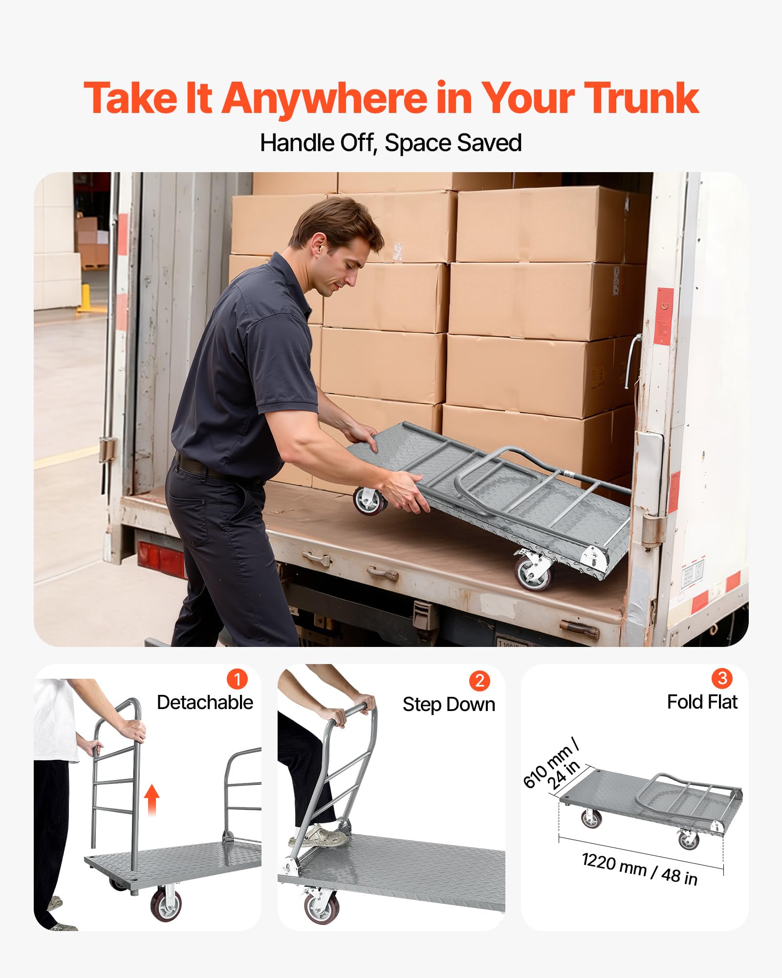 VEVOR Carrello da Trasporto a Piattaforma Capacità Carico max. 1202,02 kg, Carrello con Pianale Maniglia Doppia Pianale per Trasporto di Pacchi Merci Traslochi 1220 x 610 x 920 mm Ruote Girevoli