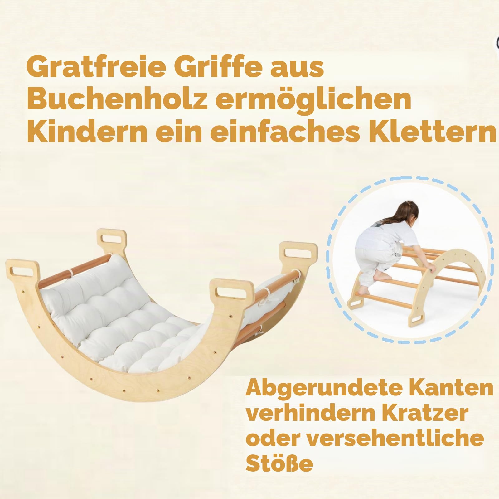 LIFEZEAL Kletterbogen mit Kissen, Kletterdreieck Set aus Holz, Klettergerüst Bogenwippe Indoor, Kletterspielzeug für Kleinkinder ab 3 Jahre