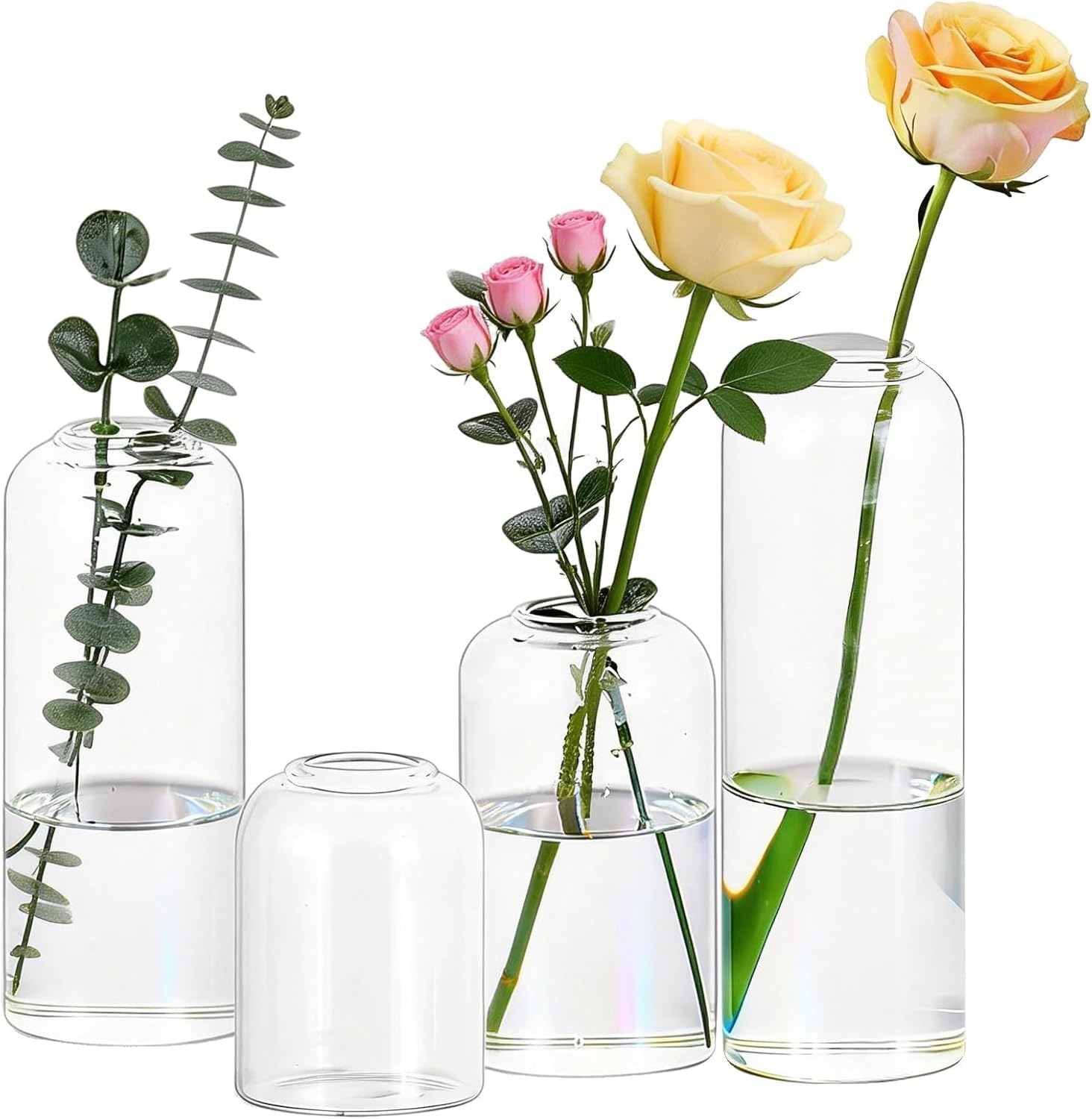 Glasseam Glass Bud Vase for Centerpieces, 4pcs Small Flower Vase Set for Single Rose Bouquet, Modern Minimalis Clear Table Centerpieces for Home Decor Living Room Bathroom Kitchen Wedding Party
