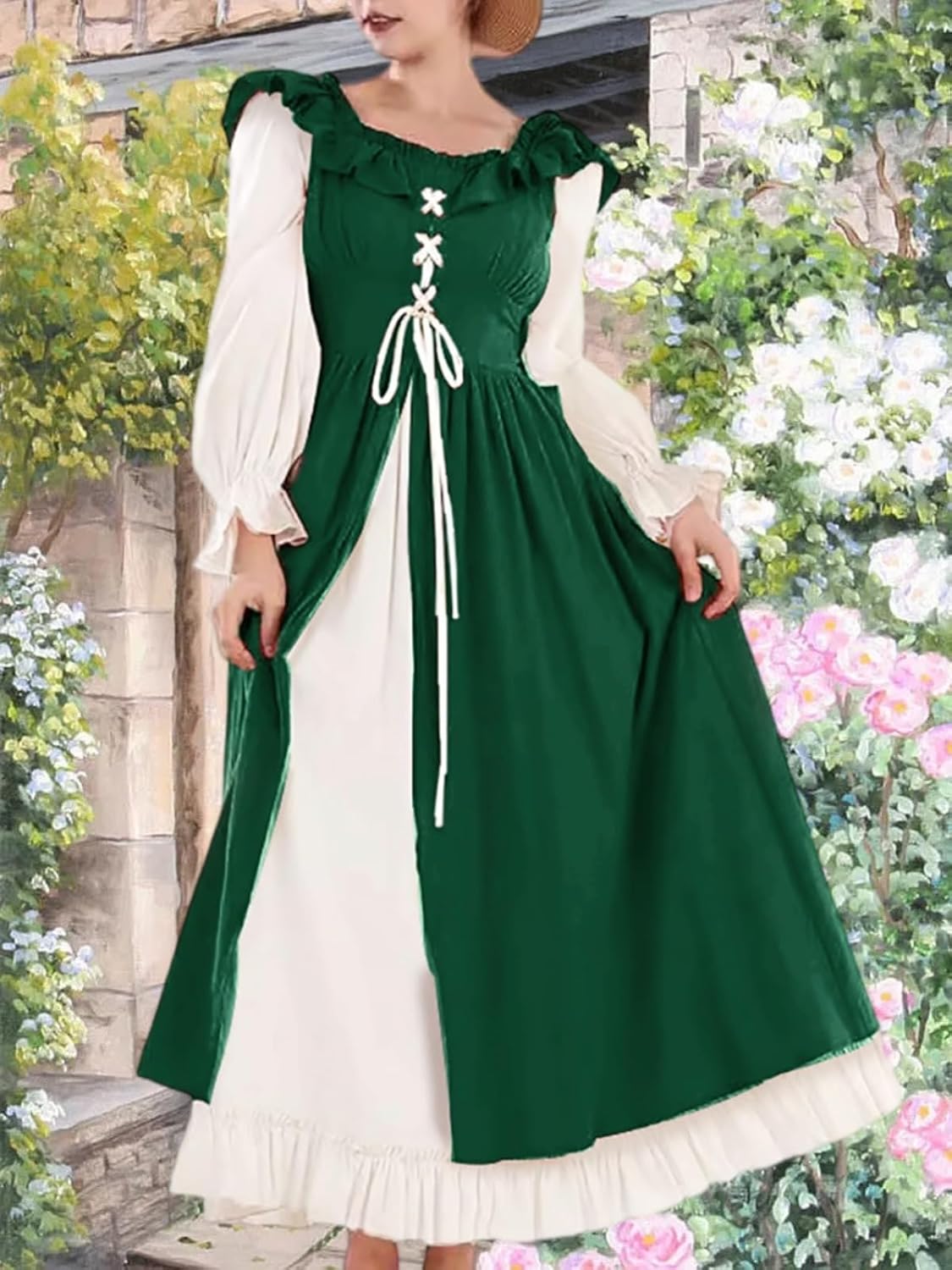 WISHU Women’s Renaissance Dress, Victorian Medieval Costume Dress Halloween Ruffle Maxi Dresses - Image 4