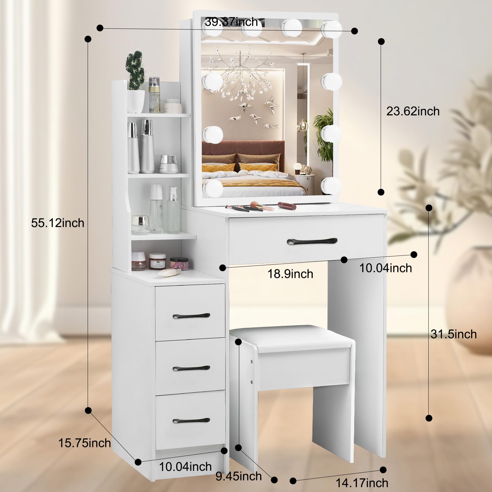 Tavolo da toeletta con illuminazione e specchio, Vanity Desk per trucco, 3 colori con luminosità regolabile, 139 x 83 x 36 cm (M03)