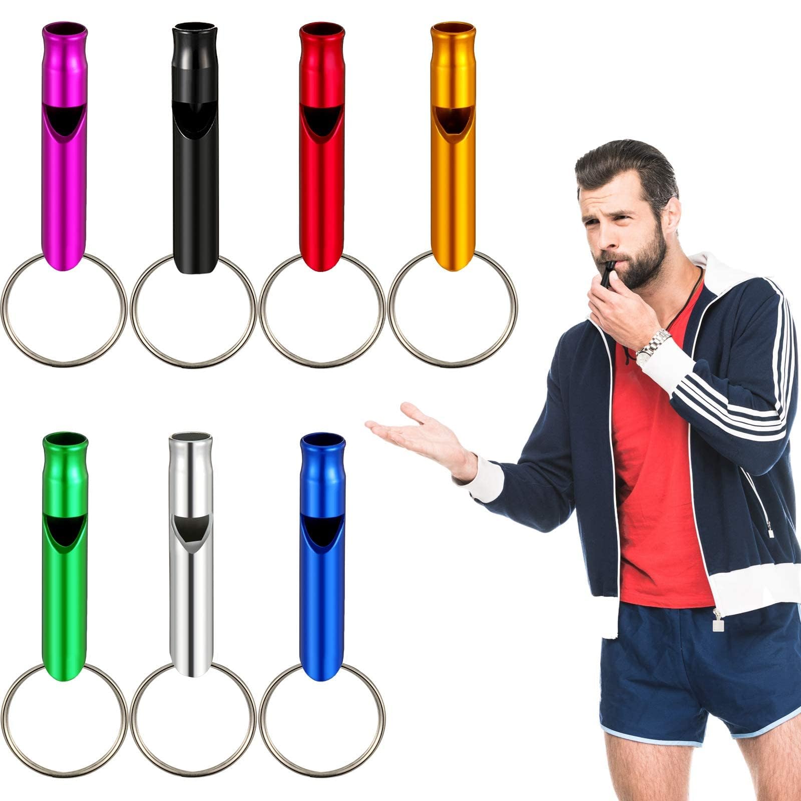 Emergency Whistle with Keychain, Aluminum Emergency Survival Whistle, Camping Signal Whistles for Hiking Hunting Outdoors Sports, Loud Sound, Random Color, 7 Pcs