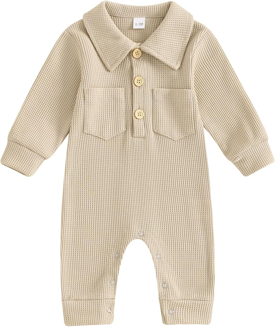 Lesimsam Newborn Baby Boy Waffle Knit Collared Romper Jumpsuit Solid Button Long Sleeve Bodysuit One-Piece Fall Winter Outfit