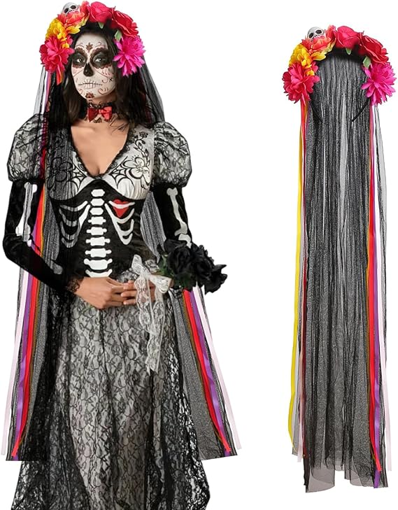 Halloween Mexican Skull Floral Veil Crown Day of the Dead Flower Headband Ribbon Streamers Headpiece Hair Accessories